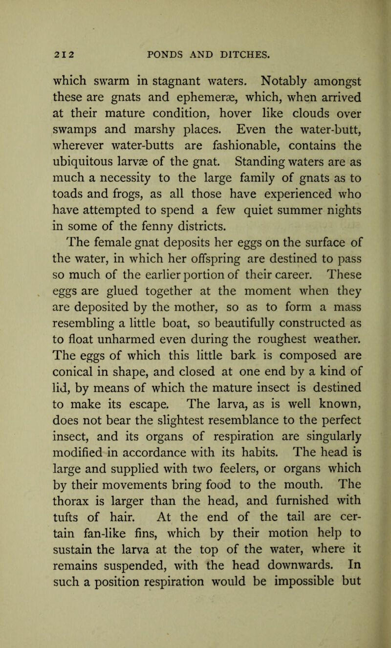 which swarm in stagnant waters. Notably amongst these are gnats and ephemerae, which, when arrived at their mature condition, hover like clouds over swamps and marshy places. Even the water-butt, wherever water-butts are fashionable, contains the ubiquitous larvae of the gnat. Standing waters are as much a necessity to the large family of gnats as to toads and frogs, as all those have experienced who have attempted to spend a few quiet summer nights in some of the fenny districts. The female gnat deposits her eggs on the surface of the water, in which her offspring are destined to pass so much of the earlier portion of their career. These eggs are glued together at the moment when they are deposited by the mother, so as to form a mass resembling a little boat, so beautifully constructed as to float unharmed even during the roughest weather. The eggs of which this little bark is composed are conical in shape, and closed at one end by a kind of lid, by means of which the mature insect is destined to make its escape. The larva, as is well known, does not bear the slightest resemblance to the perfect insect, and its organs of respiration are singularly modified in accordance with its habits. The head is large and supplied with two feelers, or organs which by their movements bring food to the mouth. The thorax is larger than the head, and furnished with tufts of hair. At the end of the tail are cer- tain fan-like fins, which by their motion help to sustain the larva at the top of the water, where it remains suspended, with the head downwards. In such a position respiration would be impossible but