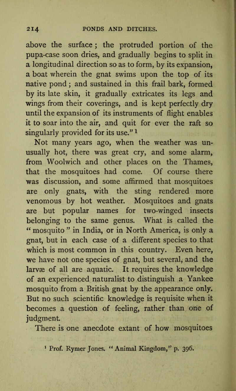 above the surface; the protruded portion of the pupa-case soon dries, and gradually begins to split in a longitudinal direction so as to form, by its expansion, a boat wherein the gnat swims upon the top of its native pond; and sustained in this frail bark, formed by its late skin, it gradually extricates its legs and wings from their coverings, and is kept perfectly dry until the expansion of its instruments of flight enables it to soar into the air, and quit for ever the raft so singularly provided for its use.”1 Not many years ago, when the weather was un- usually hot, there was great cry, and some alarm, from Woolwich and other places on the Thames, that the mosquitoes had come. Of course there was discussion, and some affirmed that mosquitoes are only gnats, with the sting rendered more venomous by hot weather. Mosquitoes and gnats are but popular names for two-winged insects belonging to the same genus. What is called the “ mosquito ” in India, or in North America, is only a gnat, but in each case of a different species to that which is most common in this country. Even here, we have not one species of gnat, but several, and the larvae of all are aquatic. It requires the knowledge of an experienced naturalist to distinguish a Yankee mosquito from a British gnat by the appearance only. But no such scientific knowledge is requisite when it becomes a question of feeling, rather than one of judgment. There is one anecdote extant of how mosquitoes 1 Prof. Rymer Jones. “ Animal Kingdom,” p. 396.