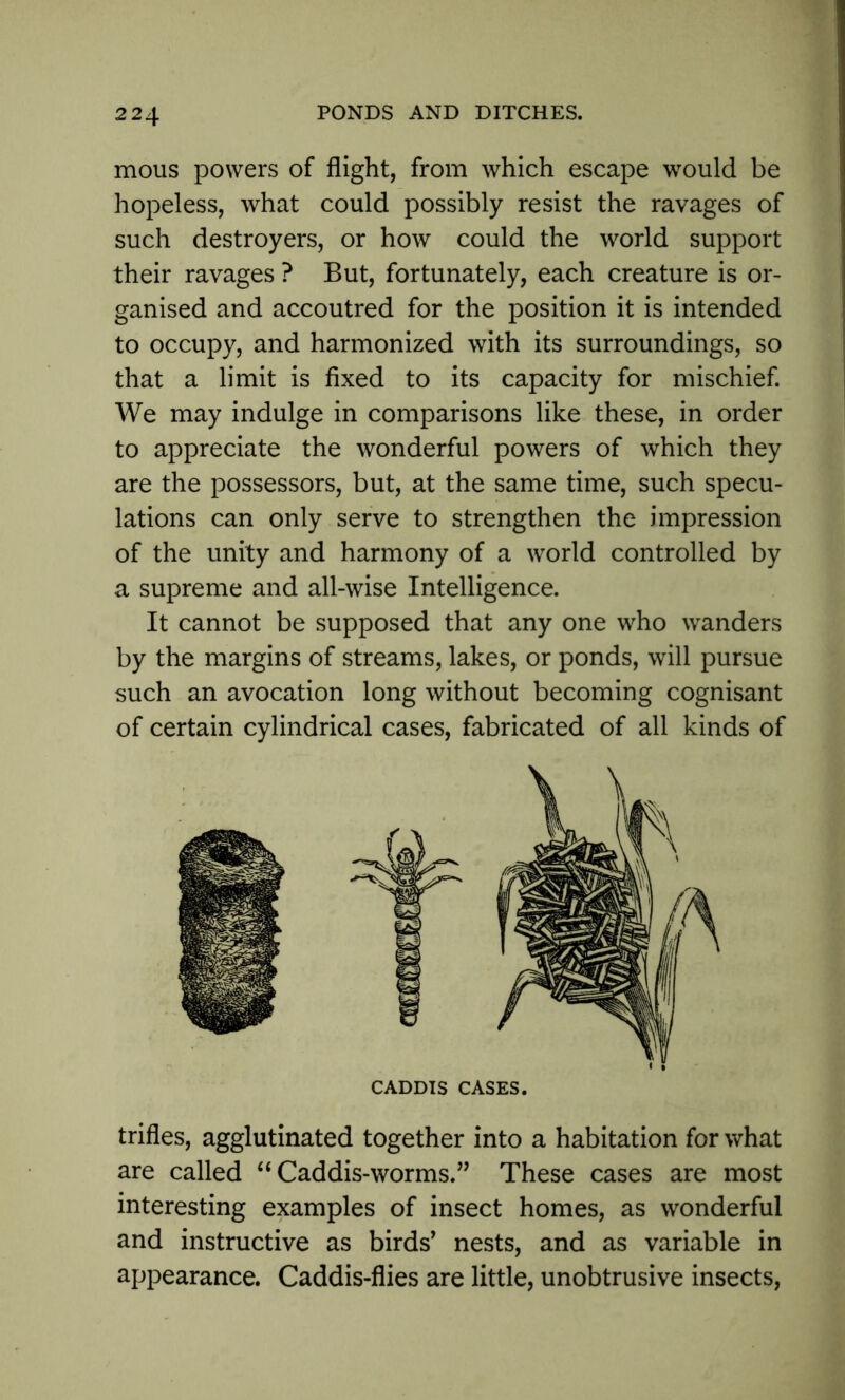 mous powers of flight, from which escape would be hopeless, what could possibly resist the ravages of such destroyers, or how could the world support their ravages ? But, fortunately, each creature is or- ganised and accoutred for the position it is intended to occupy, and harmonized with its surroundings, so that a limit is fixed to its capacity for mischief. We may indulge in comparisons like these, in order to appreciate the wonderful powers of which they are the possessors, but, at the same time, such specu- lations can only serve to strengthen the impression of the unity and harmony of a world controlled by a supreme and all-wise Intelligence. It cannot be supposed that any one who wanders by the margins of streams, lakes, or ponds, will pursue such an avocation long without becoming cognisant of certain cylindrical cases, fabricated of all kinds of CADDIS CASES. trifles, agglutinated together into a habitation for what are called “ Caddis-worms.” These cases are most interesting examples of insect homes, as wonderful and instructive as birds’ nests, and as variable in appearance. Caddis-flies are little, unobtrusive insects,