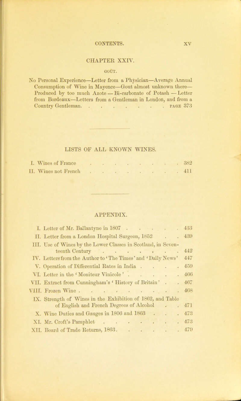 CHAPTER XXIV. GOUT. No Personal Experience—Letter from a Physician—Average Annual Consumption of Wine in Mayence—Gout ahnost unlmown there— Produced by too much Azote — Bi-carhonate of Potash — Letter from Bordeaux—Letters from a Gentleman in London, and from a Country Gentleman page 373 LISTS OF ALL KNOWN WINES. I. Wines of France II. Wines not French APPENDIX. I. Letter of Mr. Ballantyne in 1807 II. Letter from a London Hospital Surgeon, 1852 HI. Use of Wines by the Lower Classes in Scotland, in Seven- teenth Century IV. Letter’s from the Author to ‘ The Times ’ and ‘ Daily News ’ V. Operation of Differential Rates in Lidia .... VI. Letter in the ‘ Moniteur Vinicole ’ . \'H. Extract from Cunningham’s ‘ History of Britain ’ . VIII. Frozen Wine . IX. Strength of Wines in the Exhibition of 1862, and Table of English and French Degrees of Alcohol X. Wine Duties and Gauges in 1800 and 1803 XI. Mr. Croft’s Pamphlet XII. Board of Trade Retum.s, 1803 433 439 442 447 459 400 407 408 471 473 473 479 382 411