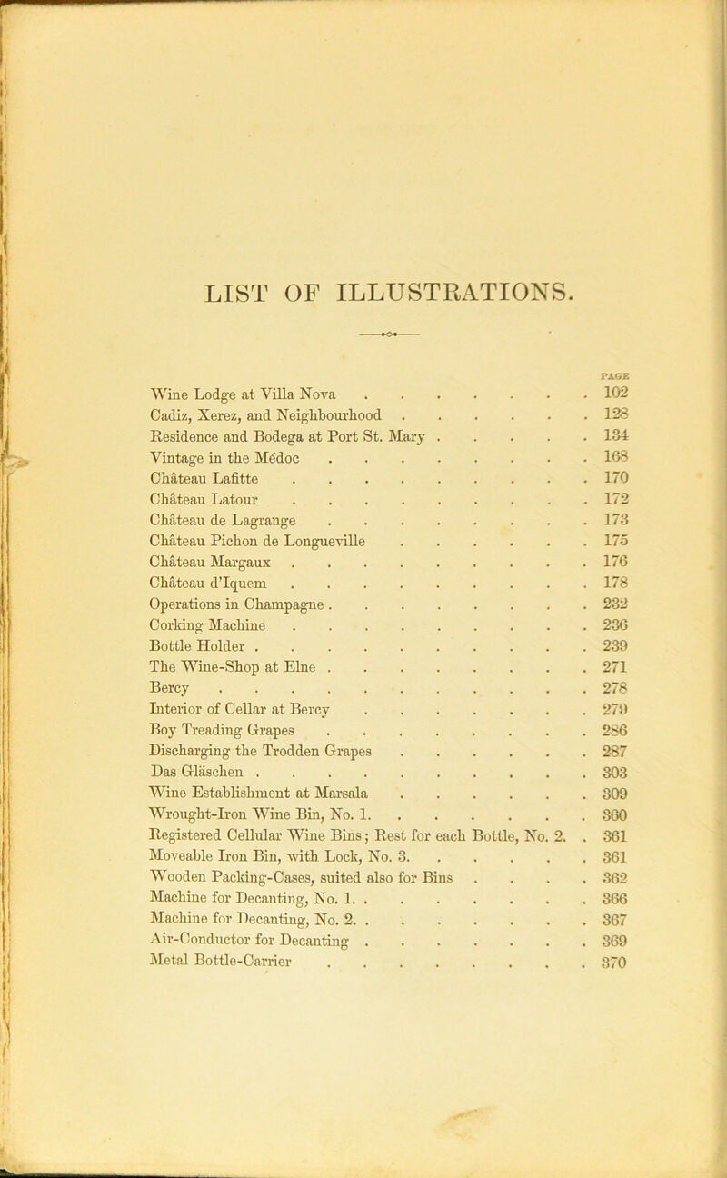 LIST OF ILLUSTRATIONS. Wine Lodge at Villa Nova TAGK . 102 Cadiz, Xerez, and Neiglibourhood , 128 Residence and Bodega at Port St. Mary . . 134 Vintage in tlie M^doc .... . 168 Chateau Lafitte ..... . 170 ChMeau Latour ..... . 172 Chateau de Lagrange .... . 173 Chateau Pichon de Longueville . 175 Chateau Margaux . 176 Chateau d’lquem . 178 Operations in Champagne .... . 232 Corldng Machine ..... . 236 Bottle Holder ...... . 239 The Wine-Shop at Elne .... . 271 Bercy ....... . 278 Liteiior of Cellar at Bercy . 279 Boy Treading Grapes .... . 286 Dischai’ging the Trodden Grapes . 287 Das Glaschen . 303 Wine Establishment at Mai'sala . 309 Wrought-Iron Wine Bin, No. 1. . 360 Registered Cellular Wine Bins; Rest for each Bottle, No. 2. . 361 Moveable Hon Bin, vuth Loch, No. 3. . 361 Wooden Packing-Cases, suited also for Bins . 362 Machine for Decanting, No. 1. . . 366 Machine for Decanting, No. 2. . . 367 Air-Conductor for Decanting . . 369 Metal Bottle-Carrier .... . 370