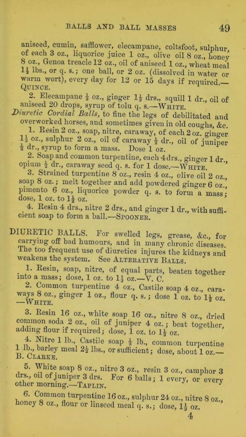 aniseed, cumin, safflower, elecampane, coltsfoot, sulphur of each 3 oz., liquorice juice 1 oz., olive oil 8 oz., honey 8 oz., Genoa treacle 12 oz., oil of aniseed 1 oz., wheat meal 11 lbs., or q. s.; one ball, or 2 oz. (dissolved in water or warm wort), every day for 12 or 15 days if required — Quince. ^ 2. Elecampane i oz., ginger 1^ drs., squill 1 dr., oil of aniseed 20 drops, syrup of tolu q. s.—White. Diuretic Cordial Balls, to fine the legs of debilitated and overworked horses, and sometimes given in old coughs, &c. 1. Resin 2 oz., soap, nitre, caraway, of each 2 oz.°ginger 12 oz., sulphur 2 oz., oil of caraway i dr., oil of juniper i dr., syrup to form a mass. Dose 1 oz. 2. Soap and common turpentine, each 4drs., gino-er 1 dr. opium ^ dr., caraway seed q. s. for 1 dose.—White. ’ 3. Strained turpentine 8 oz., resin 4 oz., olive oil'2 oz. soap 8 oz.; melt together and add powdered ginger 6 oz ’ pimento 6 oz., liquorice powder q. s. to form a mass • dose, 1 oz. to 1^ oz. ’ 4. Resin 4 drs., nitre 2 drs., and ginger 1 dr., with suffi- cient soap to form a ball.—Spoonee. DIURETIC BALLS. For swelled legs, grease, &c. for carrying oft bad humours, and in many chronic diseases. 1 he too frequent use of diuretics injures the kidneys and weakens the system. See Alteeative Balls. ^ 1. Resin, soap, nitre, of equal parts, beaten together into a mass; dose, 1 oz. to 1^1 oz.—V. C. 2. Common turpentine 4 oz., Castile soap 4 oz cara- way 8 oz., ginger 1 oz., flour q. s.; dose 1 oz. to U oz. 3. Resin 16 oz., white soap 16 oz., nitre 8 oz., dried common soda 2 oz., oil of juniper 4 oz.; beat together, adding flour if required; dose, 1 oz. to 1^ oz. T n’ ^ common turpentine 11^, barley meal 2^ lbs., or sufficient; dose, about 1 oz.— B. Claeke. 5. White soap 8 oz., nitre 3 oz., resin 3 oz., camphor 3 drs., oil of jumper 3 drs. For 6 balls; 1 every, or every other morning.—Taplin. ^ 6. Common turpentine 16 oz., sulphur 24 oz., nitre 8 oz. honey 8 oz., flour or linseed meal q. s.; dose, 1^- oz. 4 '
