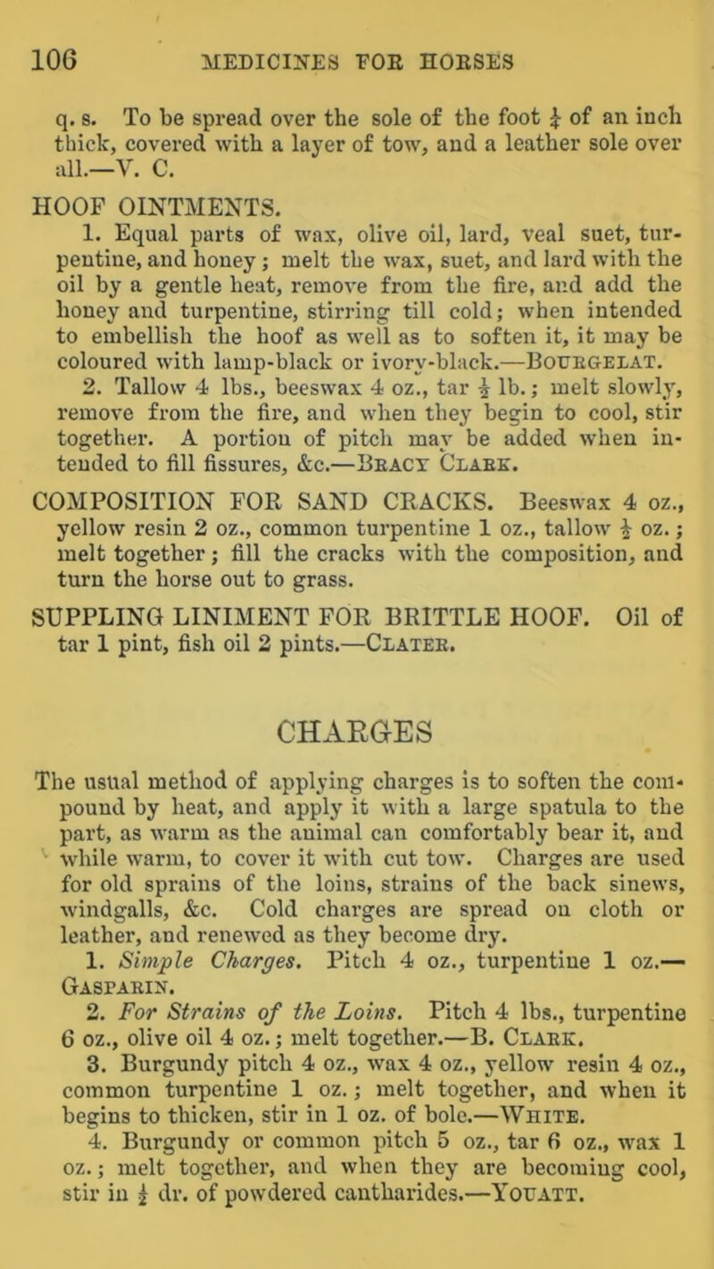 q. s. To be spread over the sole of the foot 1 of an inch thick, covered with a layer of tow, and a leather sole over all.—V. C. HOOF OINTMENTS. 1. Equal parts of wax, olive oil, lard, veal suet, tur- peutiiie, and honey; melt the wax, suet, and lard with the oil by a gentle heat, remove from the fire, and add the honey and turpentine, stirring till cold; when intended to embellish the hoof as well as to soften it, it may be coloured with lamp-black or ivory-black.—Bouegexat. 2. Tallow 4 lbs., beeswax 4 oz., tar ^ lb.; melt .slowly, remove from the fire, and when they begin to cool, stir together. A portion of pitch may be added when in- tended to fill fissures, &c.—Beact Claee. COMPOSITION FOR SAND CRACKS. Beeswax 4 oz., yellow resin 2 oz., common turpentine 1 oz., tallow ^ oz.; melt together; fill the cracks with the composition, and turn the horse out to grass. SUPPLING LINIMENT FOR BRITTLE HOOF. Oil of tar 1 pint, fish oil 2 pints.—Clatee. CHAEGES The usual method of applying charges is to soften the com- pound by heat, and apply it with a large spatula to the part, as warm as the animal can comfortably bear it, and while warm, to cover it wuth cut tow’. Charges are used for old sprains of the loins, strains of the back sinews, windgalls, &c. Cold charges are spread on cloth or leather, and renewed as they become dry. 1. Simple Charges. Pitch 4 oz., turpentine 1 oz.— Gaseaein. 2. For Strains of the Loins. Pitch 4 lbs., turpentine 6 oz., olive oil 4 oz.; melt together.—B. Claek, 3. Burgundy pitch 4 oz., wax 4 oz., yellow resin 4 oz., common turpentine 1 oz.; melt together, and when it begins to thicken, stir in 1 oz. of bole.—White. 4. Burgundy or common pitch 5 oz., tar 6 oz., wax 1 oz.; melt together, and when they are becoming cool, stir in ^ dr. of powdered cantharides.—Youatt.