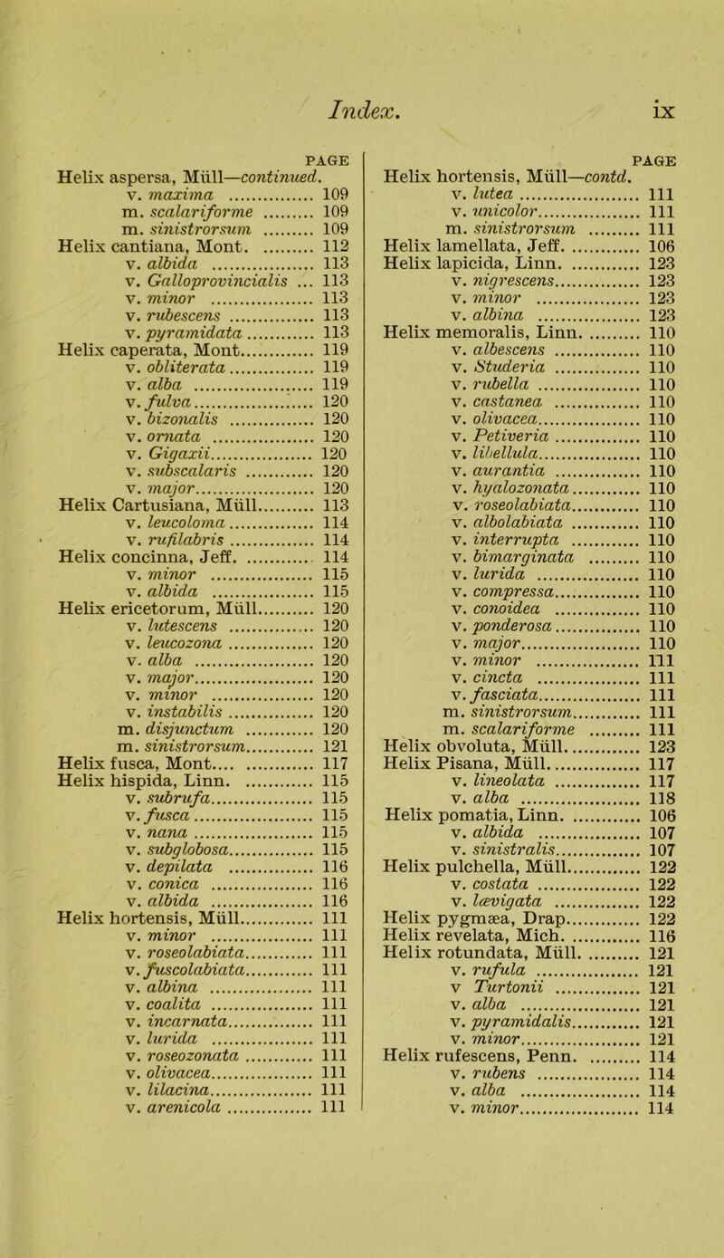 PAGE Helix aspersa, Mull—continued. v. maxima 109 m. scalariforme 109 m. sinistrorsum 109 Helix cantiana, Mont 112 v. albida 113 v. Galloprovincialis ... 113 v. minor 113 v. rubescens 113 v. pyramidata 113 Helix caperata, Mont 119 v. obliterata 119 v. alba 119 y.fulva 120 v. bizonalis 120 v. ornata 120 v. Gigaxii 120 v. subscalaris 120 v. major 120 Helix Cartusiana, Mull 113 v. leucoloma 114 v. rufilabris 114 Helix concinna, Jeff 114 v. minor 115 v. albida 115 Helix ericetorum, Mull 120 v. lutescens 120 v. leucozona 120 v. alba 120 v. major 120 v. minor 120 v. instabilis 120 m. disjunctum 120 m. sinistrorsum 121 Helix fusca, Mont 117 Helix hispida, Linn 115 v. subrufa 115 v. fusca 115 v. nana 115 v. subglobosa 115 v. depilata 116 v. conica 116 v. albida 116 Helix hortensis, Mull Ill v. minor Ill v. roseolabiata Ill v. fuscolabiata Ill v. albina Ill v. coalita Ill v. incarnata Ill v. lurula Ill v. roseozonata Ill v. olivacea Ill v. lilacina Ill PAGE Helix hortensis, Mull—contd. v. lutea Ill v. unicolor Ill m. sinistrorsum Ill Helix lamellata, Jeff 106 Helix lapicida, Linn 123 v. nigrescens 123 v. minor 123 v. albina 123 Helix memoralis, Linn 110 v. albescens 110 v. Studeria 110 v. rubella 110 v. castanea 110 v. olivacea 110 v. Petiveria 110 v. libellula 110 v. aurantia 110 v. hyalozonata 110 v. roseolabiata 110 v. albolabiata 110 v. interrupta 110 v. bimarginata 110 v. lurida 110 v. compressa 110 v. conoidea 110 v. ponderosa 110 v. major 110 v. minor Ill v. cincta Ill v.fasciata Ill m. sinistrorsum Ill m. scalariforme Ill Helix obvoluta, Mull 123 Helix Pisana, Miill 117 v. lineolata 117 v. alba 118 Helix pomatia, Linn 106 v. albida 107 v. sinistralis 107 Helix pulchella, Miill 122 v. costata 122 v. lavigata 122 Helix pygmaea, Drap 122 Helix revelata, Mich 116 Helix rotundata, Miill 121 v. rufula 121 v Turtonii 121 v. alba 121 v. pyramidalis 121 v. minor 121 Helix rufescens, Penn 114 v. rubens 114 v. alba 114