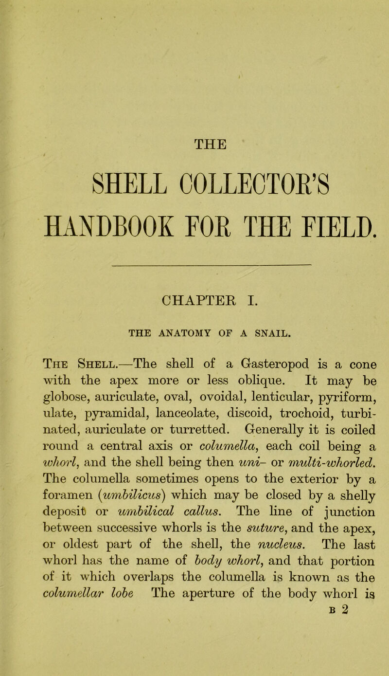 THE SHELL COLLECTOR’S HANDBOOK FOR THE FIELD. CHAPTER I. THE ANATOMY OF A SNAIL. The Shell.—The shell of a Gasteropod is a cone with the apex more or less oblique. It may be globose, auriculate, oval, ovoidal, lenticular, pyriform, ulate, pyramidal, lanceolate, discoid, trochoid, turbi- nated, auriculate or turretted. Generally it is coiled round a central axis or columella, each coil being a wliorl, and the shell being then uni- or multi-whorled. The columella sometimes opens to the exterior by a foramen (umbilicus) which may be closed by a shelly deposit or umbilical callus. The line of junction between successive whorls is the suture, and the apex, or oldest part of the shell, the nucleus. The last whorl has the name of body whorl, and that portion of it which overlaps the columella is known as the columellar lobe The aperture of the body whorl is b 2