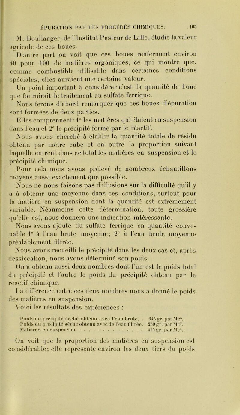 M. Houllangor, de l’iiislilut Pasteur de Lille, étudie la valeur ^ agi-icole de ces boucs. D'autre part on voit que ces boues renferment environ \ tO pour 100 de matières organiques, ce qui montre que, >i comme combustible utilisable dans certaines conditions spéciales, elles auraient une certaine valeur. l u point important à considérer c’est la quantité de boue j que fournirait le traitement au sulfate ferrique. Nous ferons il'abord remarquer que ces boues d épuration sont formées de deux parties. Elles comprennent: P les matières qui étaient en sus[)ension dans l'eau et '2“ le précipité formé par le réactif. Nous avons eberebé à établir la quantité totale de résidu ( obtenu par mètre cube et en outre la proportion suivant I laquelle entrent dans ce total les matières en suspension et le I précipité ebimique. Pour cela nous avons prélevé de nombreux échantillons moyens aussi exactement que possible. Nous ne nous faisons pas d’illusions sur la difficulté qu’il y a à obtenir une moyenne dans ces conditions, surtout pour la matière en suspension dont la quantité est extrêmement variable. Néanmoins cette détermination, toute grossière qu’elle est, nous donnera une indication intéressante. Nous avons ajouté du sulfate ferrique en quantité conve- nable 1“ à l’eau brute moyenne; 2“ à l’eau brute moyenne préalablement fdtrée. Nous avons recueilli le précipité dans les deux cas et, après dessiccation, nous avons déterminé son poids. Ou a obtenu aussi deux nombres dont l'im est le poids total du précipité et l’autre le poids du précipité obtenu par le réactif ebimique. La différence entre ces deux nombres nous a donné le poids des matières en suspension. \ oici les résultats des cx[)ériences : P(ji(ls (lu pi’c‘ci|)it(; sécli(‘ oljtcnu avec l’eau luaile. . Ciogr. parMc’'. l’oids du piaîcipiU^ sc'ché oldenu avec de l’eau lillfée. 2r)0gi'. iiarMc'. Madères en suspension 415 gr. i>ar Mc^. On voit ([ue la })roporlion des matières en suspension est considérable; elle rej)résente environ les deux tiers du poids