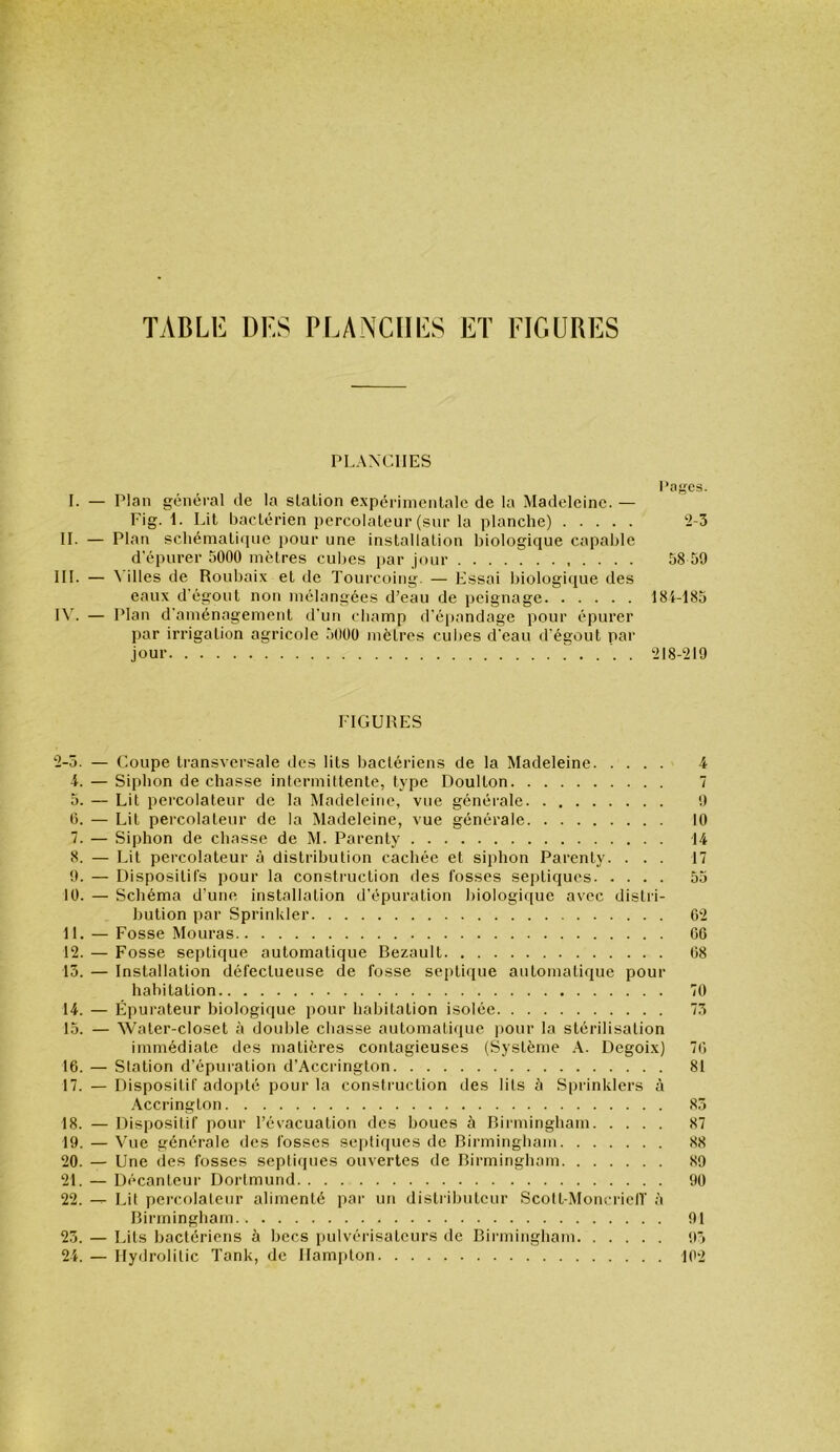 TABLE DES PLANCHES ET FIGURES PLANCHES l’af^es. I. — Plan général de la slalion expérimenlalc de lu Madeleine. — Fig. 1. Lit bactérien percolateur (sur la planche) 2-3 IL — Plan scliématifjue pour une installation biologique capable d'épurer 5000 métrés cubes par jour 58 59 III. — ^ illes de Roubaix et de Tourcoing. — Essai biologique des eaux d'égout non mélangées d’eau de peignage 18Î-185 IV. — Plan d'aménagement d'un cbamp d'é|)andage pour épurer par irrigation agricole 5000 mètres cubes d'eau d'égout par jour ' . . . . 218-219 FIGURES 2-5. — Coupe transversale des lits bactériens de la Madeleine 4 i. — Siphon de chasse intermittente, type Doulton 7 5. — Lit percolateur de la Madeleine, vue générale 9 6. — Lit percolateur de la Madeleine, vue générale 10 7. — Siphon de chasse de M. Parenty 14 8. — Lit percolateur à distribution cachée et siphon Parenty. ... 17 !). — Dispositifs pour la construction des fosses septiques 55 10. — Schéma d’une installation d’épuration biologique avec distri- bution par Sprinkler 02 II. — Fosse Mouras CG 12. — Fosse septique automatique Bezault 08 13. — Installation défectueuse de fosse septique automatique pour habitation 70 14. — Épurateur biologique pour habitation isolée 73 15. — Water-closet à double chasse automatique ])our la stérilisation immédiate des matières contagieuses (Système Degoix) 70 16. — Slation d’épuration d’Accrington 81 17. — Dispositif adopté pour la construction des lits à Sprinklcrs à ■\ccrington 83 18. — Dispositif pour l’évacuation des boues à Birmingham 87 19. — Vue générale des fosses scidiques de Birmingham 88 20. — Une des fosses septiques ouvertes de Birmingham 89 21. — Décanteur Dortmund 90 22. — Lit percolateur alimenté par un distributeur Scott-Moncrielï à Birmingham 91 23. — Lits bactériens à becs pulvérisateurs de Birmingham 93 24. — Hydrolitic Tank, de llampton K>)