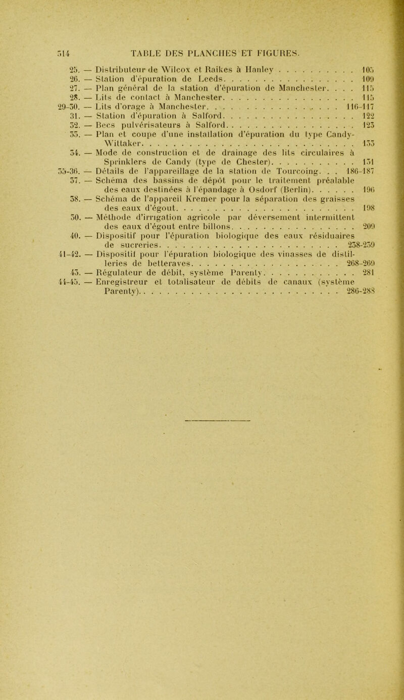 25. — 20. — 27. — 2R. — 29-50. — 31. — 52. — 55. — 54. — 55-30. — 57. — 58. — 50. — 40. — 41-42. — 45. — 44-45. — Dislrilnileiu-(le Wilcox cl Raikes à Ilanicy 105 Slalion dï'puralion de Lccds 109 Plan général do la station d’épuralion de ManclicsLoi'. . . . 115 Lils de contact à Manchester 115 Lits d'orage à Manchester 110-117 Station d'épuration à Sall'ord 122 Recs pulvérisateurs à Sall'ord 125 Plan et coui)e d'une installation d’épuration du ly])e Candy- Wittaker 155 Mode de construction et de drainage des lits circulaires à Sprinklers de Candy (type de Chester) 151 Détails de l'appareillage de la station de Tourcoing. . . 180-187 Schéma des bassins (ie dé|)()t pour le traitement préalable des eaux destinées à l'épandage à Osdorf (Berlin) 190 Schéma de l’appareil Kremer pour la séparation des graisses des eaux d’égout 198 Méthode d’irrigation agricole par déversement intermittent des eaux d’égout entre billons 209 Dispositif pour l’éiiuration biologique des eaux résiduaires de sucreries 258-2.59 Dispositif pour l’épuration liiologique des vinasses de distil- leries de betteraves 208-209 Régulateur de débit, système Parenty 281 Enregistreur et totalisateur de débits de canaux (système Parenty) 280-28.S