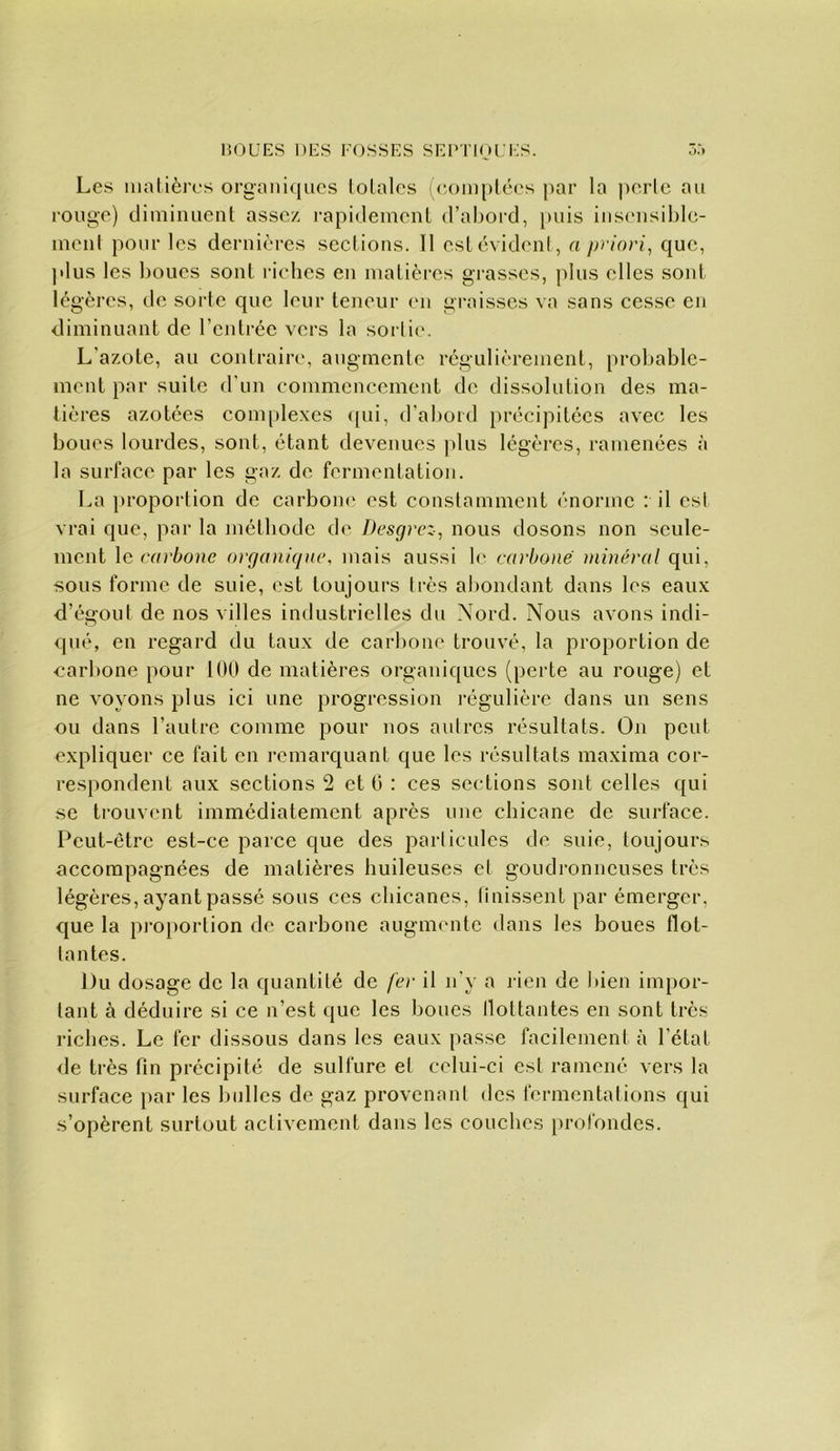 Les iiialièi'cs orgaiii([ues lolalos ((iomplcc's par la |)orlc au rouge) iliminiienl assez rapidemenl d’abord, j)uis iiiseiisiblc- meiil pour les dernières seclions. Il csLévidenI, a priori, que, plus les boucs sont riches en nialièi’cs grasses, plus elles sonL légères, de sorte c[uc leur teiieur en graisses va sans cesse en diminuant de l’cnli'éc vers la sorlie. L’azote, au contraire, augmente régulièrement, probable- ment par suite d'un commencement de dissolution des ma- tières azotées complexes <{ui, d’abord précipitées avec les boues lourdes, sont, étant devenues plus légères, ramenées à la surface par les gaz de fermentation. La proportion de carboiu* est constamment énorme : il est vrai que, par la méthode de Desgrez-, nous dosons non seule- ment le carbone organique, mais aussi h' carboné minéral qui, sous forme de suie, est toujours très almndant dans les eaux d’égout de nos villes industrielles du Nord. Nous avons indi- qué, en regard du taux de carbone trouv'é, la proportion de carbone pour 100 de matières organiques (perte au rouge) et ne voyons plus ici une progression régulière dans un sens ou dans l’autre comme pour nos autres résultats. Ou peut expliquer ce fait en remarquant que les résultats maxima cor- respondent aux sections 2 et 0 : ces sections sont celles qui SC trouvent immédiatement après une chicane de surface. Peut-être est-ce parce que des particules de suie, toujour.s accompagnées de matières huileuses et goudronneuses très légères, ayant passé sous ces chicanes, linissent par émerger, que la pi-oj)ortion de carbone augiiKuitc dans les boues flot- tantes. l)u dosage de la quantité de fer il n’y a rien de bien impor- tant à déduire si ce n’est que les boucs llottantes en sont très riches. Le 1er dissous dans les eaux passe facilement à l’état <le très fin précipité de sulfure et celui-ci est ramené vers la surface par les bulles de gaz provenant des fermentations qui s’opèrent surtout activement dans les couches [)rofondes.