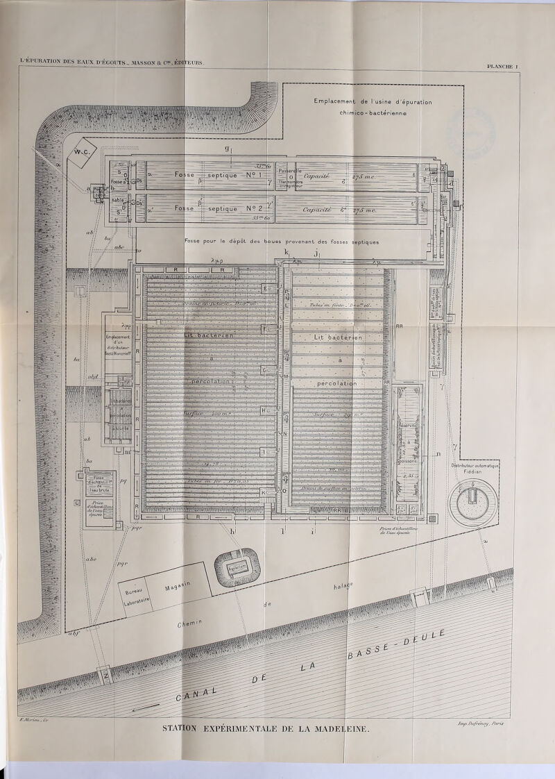 L’K1>URATIQN DES EAUX D’ÉGOUTS - MASSON & C EDI EURS PLANCHE I Emplacement de l'usine d'épuration chimico - bactérienne sable-1 Tubes’en font'/? . D = ornôû' Emplacement distributeur Scotl-Moncrieff Distributeur automatique! rdéohgntill?5 Prise tTikfuuiti//m Je t enu [H— épurée Jrnp Dufrpnoy, Paris