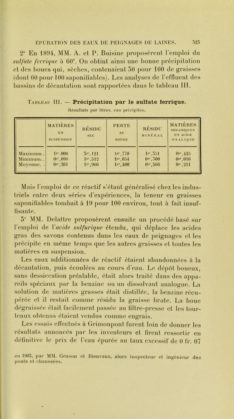 2° En 181)4, MM. A. et P. Buisine proposèrent l’emploi du sulfate ferrique à 60°. On obtint ainsi une bonne précipitation et des boues qui, sècbes, contenaient 30 pour 100 de graisses (dont 00 pour 100 saponifîables). Les analyses de l’effluent des bassins de décantation sont rapportées dans le tableau 111. Tableau III. — Précipitation par le sulfate ferrique. Résultats par litres, eau précipitée. MATIÈRES EN SUSPENSION RÉSIDU SEC PERTE AU ROUGE RÉSIDU M I N É R A L MATIÈRES ORGANIQUES EN ACIDE O X A L I Q UE Maximum . U' .000 3c, 121 |f,770 le, 351 0c,425 Minimum.. ÜFr, 090 le .512 1c,054 O,300 0c,010 Moyenne. . 0pr, 261 le* ,906 le,400 0c,506 0c,211 Mais l’emploi de ce réactif s’étant généralisé chez les indus- triels entre deux séries d’expériences, la teneur en graisses saponifîables tombait à 19 pour 100 environ, tout à fait insuf- fisante. 5° MM. Delattre proposèrent ensuite un procédé basé sur l’emploi de l'acide sulfurique étendu, qui déplace les acides gras des savons contenus dans les eaux de peignages et les précipite en même temps que les autres graisses et toutes les matières en suspension. Les eaux additionnées de réactif étaient abandonnées à la décantation, puis écoulées au cours d’eau. Le dépôt boueux, sans dessiccation préalable, était alors traité dans des appa- reils spéciaux par la benzine ou un dissolvant analogue. La solution de matières grasses était distillée, la benzine récu- pérée et il restait comme résidu la graisse brute. La boue dégraissée élait facilement passée au filtre-presse et les tour- teaux obtenus étaient vendus comme engrais. Les essais elfectués à Grimonpont furent loin de donner les résultats annoncés par les inventeurs et firent ressortir en définitive le prix de l’eau épurée au taux excessif de 0 fr. 07 en 1903, par MM. Gruson et Bienvaux, alors inspecteur et ingénieur des ponts et chaussées.