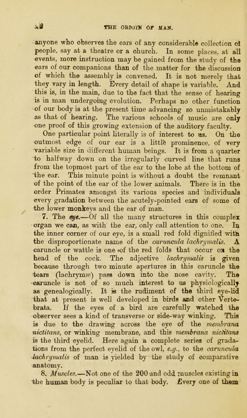 anyone who observes the ears of any considerable collection ol people, say at a theatre or a church. In some places, at all events, more instruction may be gained from the study of the ears of our companions than of the matter for the discussion of which the assembly is convened. It is not merely that they vayy in length. Every detail of shape is variable. And this is, in the main, due to the fact that the sense of hearing is in man undergoing evolution. Perhaps no other function of our body is at the present time advancing so unmistakably as that of hearing. The various schools of music are only one proof of this growing extension of the auditory faculty. One particular point literally is of interest to us. On the outmost edge of our ear is a littlfe prominence, of very variable size in different human beings. It is from a quarter to halfway down on the irregularly curved line that runs from the topmost part of the ear to the lobe at the bottom of the ear. This minute point is without a doubt the remnant of the point of the ear of the lower animals. There is in the order Primates amongst its various species and individuals every gradation between the acutely-pointed ears of some of the lower monkeys and the ear of man. 7. The eye.—Of all the many structures in this complex organ we can, as with the ear, only call attention to one. In the inner comer of our eye, is a small red fold dignified with the disproportionate name of the caruncula lachrymalis. A caruncle or wattle is one *of the red folds that occur on the head of the cock. The adjective lachrymalis is given because through two minute apertures in this caruncle the tears (lachrymce) pass down into the nose cavity. The caruncle is not of so much interest to us physiologically as genealogically. It is the rudiment of the third eye-lid that at present is well developed in birds and other Verte- brata. If the eyes of a bird are carefully watched the observer sees a kind of transverse or side-way winking. This is due to the drawing across the eye of the memhrana nictitans, or winking membrane, and this memhrana nictitans is the third eyelid. Here again a complete series of grada- tions from the perfect eyelid of the owl, e.g., to the caruncula lachrymalis of man is yielded by the study of comparative anatomy. 8. Muscles.—Not one of the 200 and odd muscles existing in the human body is peculiar to that body. Every one of them