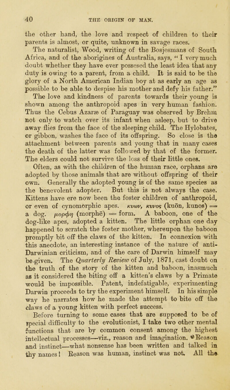 the other hand, the love and respect of children to their parents is almost, or quite, unknown in savage races. The naturalist, Wood, writing of the Bosjesmans of South Africa, and of the aborigines of Australia, says, “ I very much doubt whether they have ever possesed the least idea that any duty is owing to a parent, from a child. It is said to be the glory of a North American Indian boy at as early an age as possible to be able to despise his mother and defy his father.” The love and kindness of parents towards their young is shown among the anthropoid apes in very human fashion. Thus the Cebus Azarse of Paraguay was observed by Brehm not only to watch over its infant when asleep, but to drive away flies from the face of the sleeping child. The Hylobates, or gibbon, washes the face of its offspring. So close is the attachment between parents and young that in many cases the death of the latter was followed by that of the former. The elders could not survive the loss of their little ones. Often, as with the children of the human race, orphans are adopted by those animals that are without offspring of their own. Generally the adopted young is of the same species as the benevolent adopter. But this is not always the case. Kittens have ere now been the foster children of anthropoid, or even of cynomorphic apes, kvwv, kvvos (kuon, kunos) = a dog. fxop<f>r] (morphe) = form. A baboon, one of the dog-like apes, adopted a kitten. The little orphan one day happened to scratch the foster mother, whereupon the baboon promptly bit off the claws of the kitten. In connexion with this anecdote, an interesting instance of the nature of anti- Darwinian criticism, and of the care of Darwin himself may be given. The Quarterly Review of July, 1871, cast doubt on the truth of the story of the kitten and baboon, inasmuch as it considered the biting off a kitten’s claws by a Primate would be impossible. Patent, indefatigable, experimenting Darwin proceeds to try the experiment himself. In his simple way he narrates how he made the attempt to bite off the claws of a young kitten with perfect success. Before turning to some cases that are supposed to be of Bpecial difficulty to the evolutionist, I take two other mental functions that are by common consent among the highest intellectual processes—viz., reason and imagination. ^Reason and instinct—what nonsense has been written and talked in thy names 1 Reason was human, instinct was not. All the