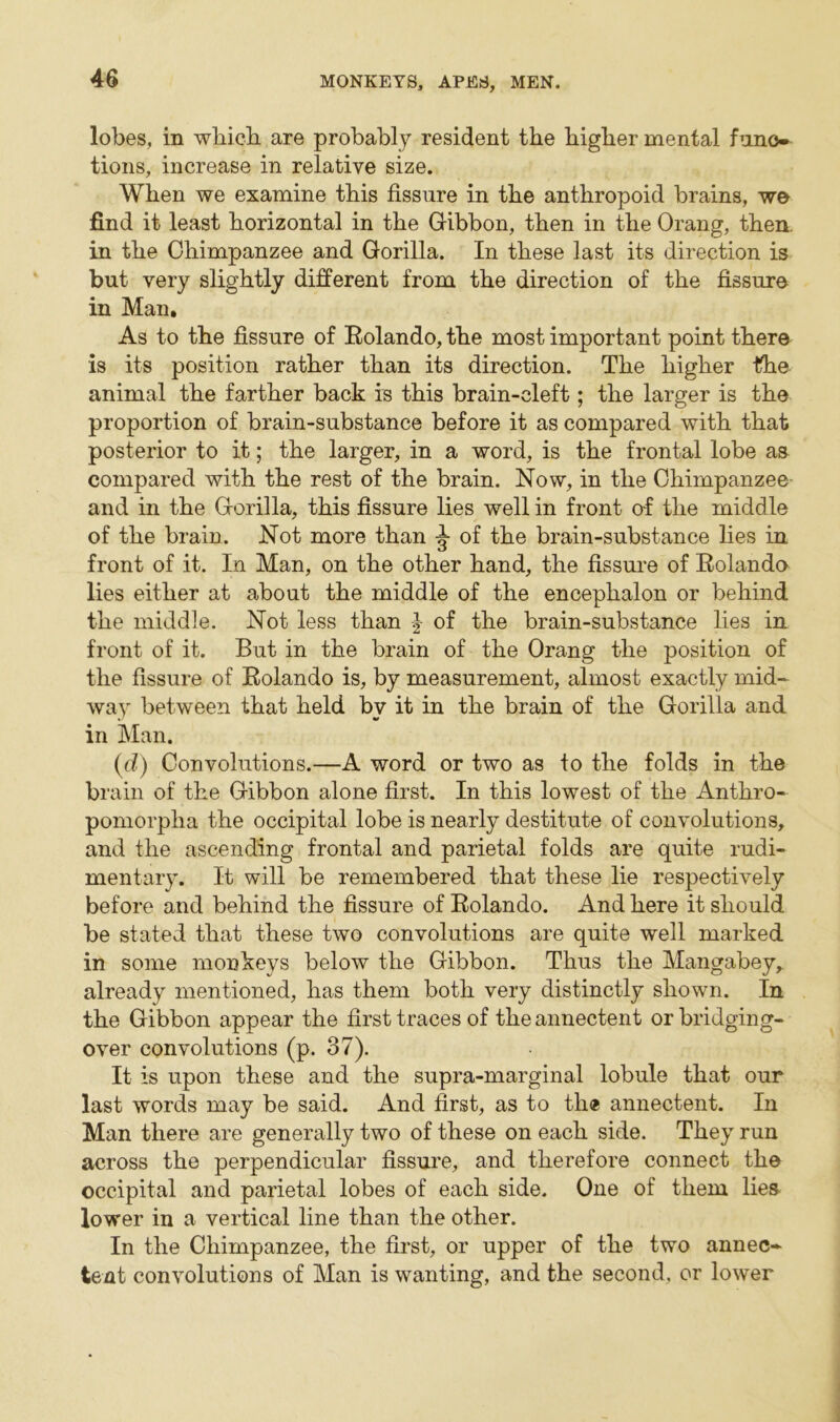 lobes, in which are probably resident the higher mental funo- tions, increase in relative size. When we examine this fissure in the anthropoid brains, we find it least horizontal in the Gibbon, then in the Orang, then, in the Chimpanzee and Gorilla. In these last its direction is but very slightly different from the direction of the fissure in Man. As to the fissure of Rolando, the most important point there is its position rather than its direction. The higher the animal the farther back is this brain-cleft; the larger is the proportion of brain-substance before it as compared with that posterior to it; the larger, in a word, is the frontal lobe as compared with the rest of the brain. Now, in the Chimpanzee and in the Gorilla, this fissure lies well in front of the middle of the brain. Not more than ■§■ of the brain-substance lies in front of it. In Man, on the other hand, the fissure of Rolando lies either at about the middle of the encephalon or behind the middle. Not less than | of the brain-substance lies in front of it. But in the brain of the Orang the position of the fissure of Rolando is, by measurement, almost exactly mid- way between that held by it in the brain of the Gorilla and in Man. (d) Convolutions.—A word or two as to the folds in the brain of the Gibbon alone first. In this lowest of the Anthro- pomorpha the occipital lobe is nearly destitute of convolutions, and the ascending frontal and parietal folds are quite rudi- mentary. It will be remembered that these lie respectively before and behind the fissure of Rolando. And here it should be stated that these two convolutions are quite well marked in some monkeys below the Gibbon. Thus the Mangabeyr already mentioned, has them both very distinctly shown. In the Gibbon appear the first traces of the annectent or bridging- over convolutions (p. 37). It is upon these and the supra-marginal lobule that our last words may be said. And first, as to th® annectent. In Man there are generally two of these on each side. They run across the perpendicular fissure, and therefore connect th© occipital and parietal lobes of each side. One of them lies lower in a vertical line than the other. In the Chimpanzee, the first, or upper of the two annec- tent convolutions of Man is wanting, and the second, or lower