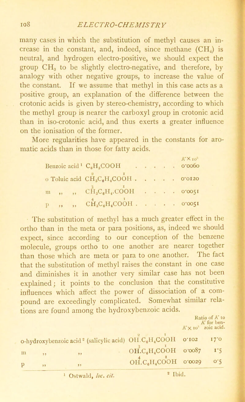 many cases in which the substitution of methyl causes an in- crease in the constant, and, indeed, since methane (CH4) is neutral, and hydrogen electro-positive, we should expect the group CH3 to be slightly electro-negative, and therefore, by analogy with other negative groups, to increase the value of the constant. If we assume that methyl in this case acts as a positive group, an explanation of the difference between the crotonic acids is given by stereo-chemistry, according to which the methyl group is nearer the carboxyl group in crotonic acid than in iso-crotonic acid, and thus exerts a greater influence on the ionisation of the former. More regularities have appeared in the constants for aro- matic acids than in those for fatty acids. Benzoic acid 1 C„H5COOH o Toluic acid CH3C,H4COC>H . m ,, ,, CIIjC6H4.COOH p ,, ,, CH3C6H4C001I . A'X,o- o'oodo 0*0120 0*0051 0*0051 The substitution of methyl has a much greater effect in the ortho than in the meta or para positions, as, indeed we should expect, since according to our conception of the benzene molecule, groups ortho to one another are nearer together than those which are meta or para to one another. The fact that the substitution of methyl raises the constant in one case and diminishes it in another very similar case has not been explained; it points to the conclusion that the constitutive influences which affect the power of dissociation of a com- pound are exceedingly complicated. Somewhat similar rela- tions are found among the hydroxybenzoic acids. Ratio of A* to A' for ben- A'x io zoic acid. 2 1 o-hydroxybenzoic acid2 (salicylic acid) OII.CflH4COOIi 0102 170 m „ „ OH.C,H4COOH 0*0087 1*5 p „ „ OII.C8H4COOH 0*0029 0*5 * Ibid.