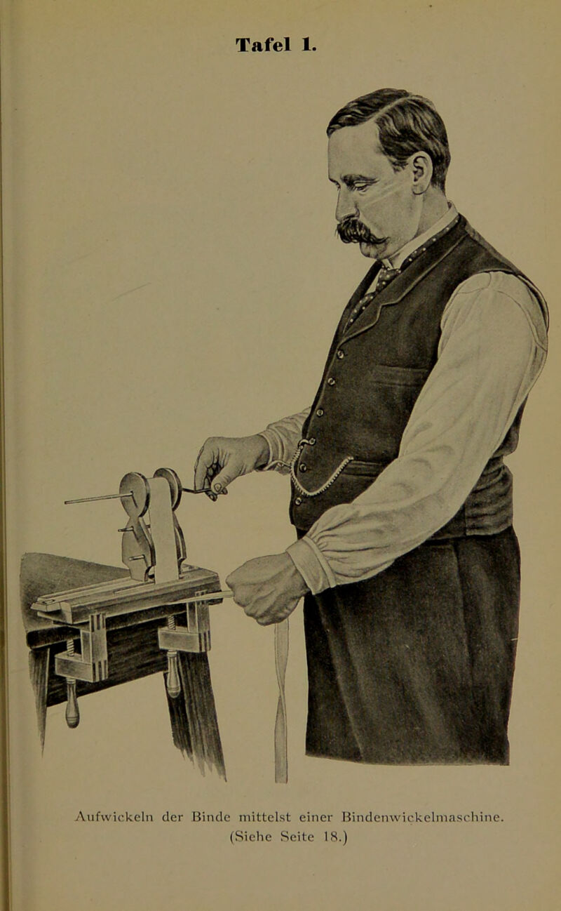 Aufwickeln der Binde mittelst einer Bindenwickelmaschine. (Siehe Seite 18.)