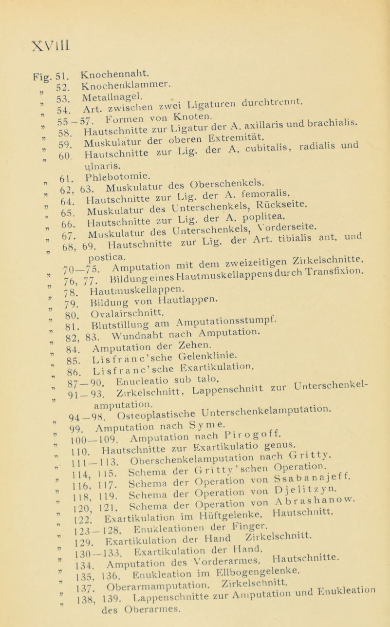 XV ill Pig Y) n T> Y) V r> y> « n n T) 51. Knochennaht. 52. Knochenklammer. 54'. Art^zw^cl.en /.we; Ugaturen durchtrennt. 58~ Haut'lchnUtezur Ugatur der A. axillaris und brachial,s. 59! Muskulatur der oberen Extrem.Ut.^ 60. Hautschnitte zur Lig. ulnaris. 61. 62, 64. 65. 66. 67. iviuuhuiaiu, - - T . Anw.' a i-f tihialis ant. uni 68, Mil Clliuai. der A. cubitalis, radialis und Phlebotomie. 63 Muskulatur des Oberschenkels. Hautschnitte zur Lig. der A temorahs Muskulatur des Unterschenkels, Ruckseite. Hautschnitte zur Lig. der A. P°Pllte^ . Muskulatur des Unterschenkels 69 Hautschnitte zur Lig. der Att. tibialis ant. Y> Y) 7) V r> rj « r> +> r» T) 70- 76, 78. 79. 80. 81. 82, 84. 85. 86. zur Unterschenkel *f) Y) Y) Y) .75°St Amputation mit den, zweizeitigen ZirkeUchmtte. 77. Hildung nines Hautmuskellappens durch 1 ransnxion. Hautmuskellappen. Hildung von Hautlappen. Ovalairschnitt. Blutstillung am Amputationsstump . 83. Wundnaht nac.h Amputation. Amputation der Zehen. Lis fr an c’sche Gelenkhme. Li sf r a nc’ sche Exartikulation. 87_90. Enucleatio sub talo. 91 — 93. Zirkelschnitt, Lappenschnitt 94 _%n^'c)steoplastische Unterschenkelamputation. 99. Amputation nach Syme. 100—109. Amputation nach Pirogott. HO. Hautschnitte zur Exartikulatio genus. 111—113 Oberschenkelamputation nach u .• Schema der Gritty'schen Operation Schema der Operation von Ssa b a n aje t. Schema der Operation von Djelitzyn. _ Schema der Operation von Abrashanov . Exartikulation im Huftgelenke. Hautschmtt. 123—128. Enukleationen der Finger 129. Exartikulation der Hand Zirkelschnitt. 180 — 133. Exartikulation der Hand. 134. Amputation des Vorderarmes. Hautschnitte. 136. Enukleation im Ellbogengelenke. Oberarmamputation. Zirkelschnitt. . . 139. Lappenschnitte zur Amputation und EnuUeati des Oberarmes. 114, 116, 1 18, 120, 122. 1 15. 117- 119. 12 135, 137. 138,