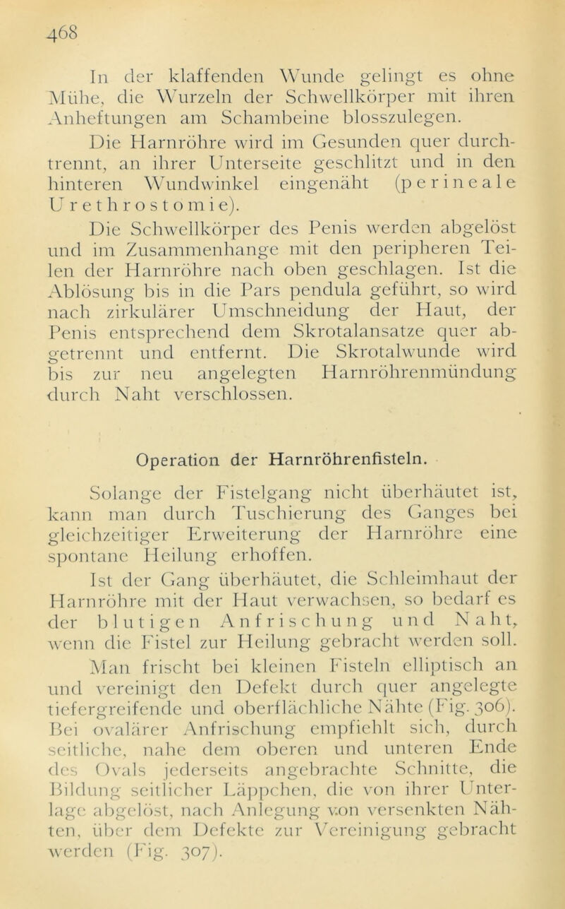 In tier klaffenden Wunde gelingt es ohne Miihe, die Wurzeln der Schwellkdrper mit ihren Anheftungen am Schambeine blosszulegen. Die Harnrohre wird im Gesunden quer durch- trennt, an ihrer Unterseite geschlitzt und in den hinteren Wundwinkel eingenaht (p erineale U rethrostomi e). Die Schwellkdrper des Penis werden abgelost und im Zusammenhange mit den peripheren Tei- len der Harnrohre nach oben geschlagen. 1st die Ablosung bis in die Pars pendula gefiihrt, so wird nach zirkularer Umschneidung der Haut, der Penis entsprechend dem Skrotalansatze quer ab- 2,-etrennt und entfernt. Die Skrotalwunde wird bis zur neu angelegten Harnrohrenmiindung durch Naht verschlossen. Operation der Harnrohrenfisteln. Solange der Fistelgang nicht iiberhautet ist, kann man durch Tuschierung des Ganges bei gleichzeitiger Erweiterung der Harnrohre eine spontane Heilung erhoffen. Ist dcr Gang iiberhautet, die Schleimhaut der Harnrohre mit der Haut verwachsen, so bedarf es der b 1 u t i g e n Anfrischung und N a h t, wenn die Fistel zur Heilung gebracht werden soil. Man frischt bei kleinen Fisteln elliptisch an und vereinigt den Defekt durch quer angelegte tiefergreifende und oberflachliche Niihte (F ig. 3°6)- Bei ovalarer Anfrischung empfiehlt sich, durch seitliche, nahe dem oberen und unteren Elide des Ovals jederseits angebrachte Schnitte, die Bildung seitlicher Lappchen, die von ihrer Unter- lage abgelost, nach Anlegung v.on versenkten Nah- ten, fiber dem Defekte zur Vereinigung gebracht werden (F'ig. 307).