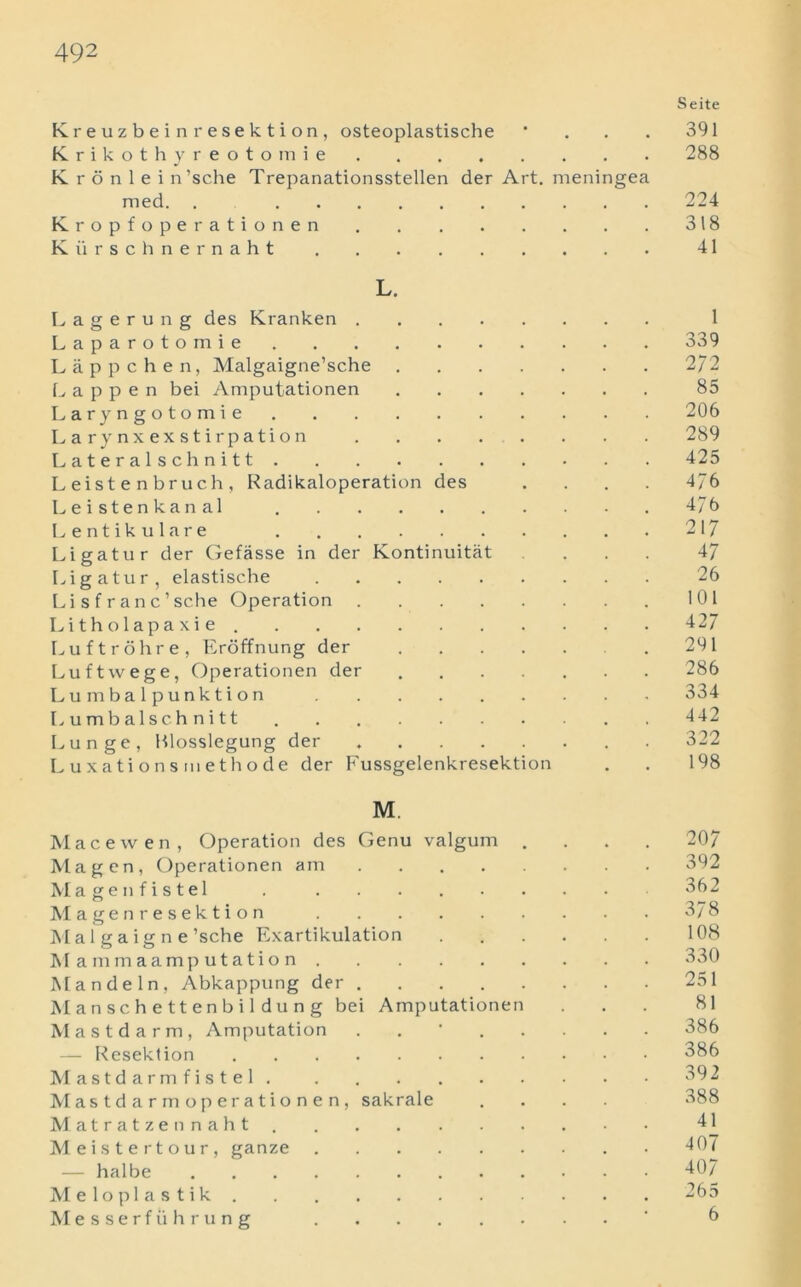 Kreuzbeinresektion, osteoplastische Seite 391 Krikothyreotomie # . 288 Kronlei n’sche Trepanationsstellen der Art. meningea med. . 224 Kropfoperationen . . 318 Kiirschnernaht • 41 L. Lagerung des Kranken 1 Laparotomie 339 Lappchen, Malgaigne’sche 2/2 happen bei Amputationen 85 Laryngotomie 206 Larynxexstirpation 289 Lateralschnitt 425 Leistenbruch, Radikaloperation des 476 Leistenkanal 476 Lentikulare 217 Ligatur der Gefasse in der Kontinuitat 47 Ligatur, elastische 26 Li s f r an c ’ sche Operation 101 Litholapaxie 427 Luftrohre, Eroffnung der 291 Luftwege, Operationen der 286 Lumbalpunktion 334 Lumbalsch nitt 442 Lunge, Blosslegung der 322 Luxations methode der Fussgelenkresektion 198 M. Macewen, Operation des Genu valgum . 207 Magen, Operationen am 392 Magenfistel 362 Magenresektion 378 Malgaigne’sche Exartikulation .... 108 Mammaamputation 330 Mandeln, Abkappung der ...... 251 Manschettenbil dung bei Amputationen 81 Mas td arm, Amputation ..'... 386 — Resektion 386 Mastdarm fistel 392 Mastdarmoperationen, sakrale 388 Matratzen naht 41 Meistertour, ganze 407 — halbe 407 M e 1 o p 1 a s t i k 265 Messerfiihrung 6