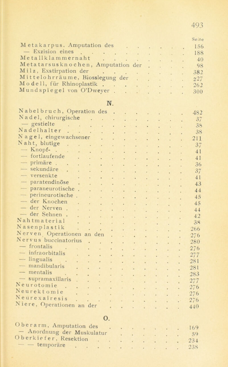 Metakarpus. Amputation des — Exzision eines ...... M e t a 11 k 1 a m m e r n a h t Metatarsusknochen, Amputation der Milz, Exstirpation der .... Mittelohrriiume, Biosslegung der Mo dell, fur Rhinoplastik .... Mu nd spiegel von O’Dweyer . N. Nabelbruch, Operation des Nad el, chirurgische — gestielte Nadel halter . Nagel, eingewachsener Naht, blutige — Knopf- . — fortlaufende — primare . — sekundare — versenkte — paratendinose — paraneurotische — perineurotische — der Knochen — der Nerven . — der Sehnen . Naht material Nasenplastik Nerven Operationen an den Nervus buccinatorius — frontalis — infraorbitalis — lingualis — mandibularis — mentalis — supramaxillaris Neurotomie Neurektomie Neurexairesis Niere, Operationen an der o. Oberarm, Amputation des — Anordnung der Muskulatur Oberkiefer, Resektion — — temporare Se;te 156 188 40 98 382 227 262 300 482 37 38 38 211 37 41 41 36 a/ 41 43 44 45 45 44 42 38 266 276 280 276 2 77 281 281 283 277 276 276 276 440 169 59 234 238
