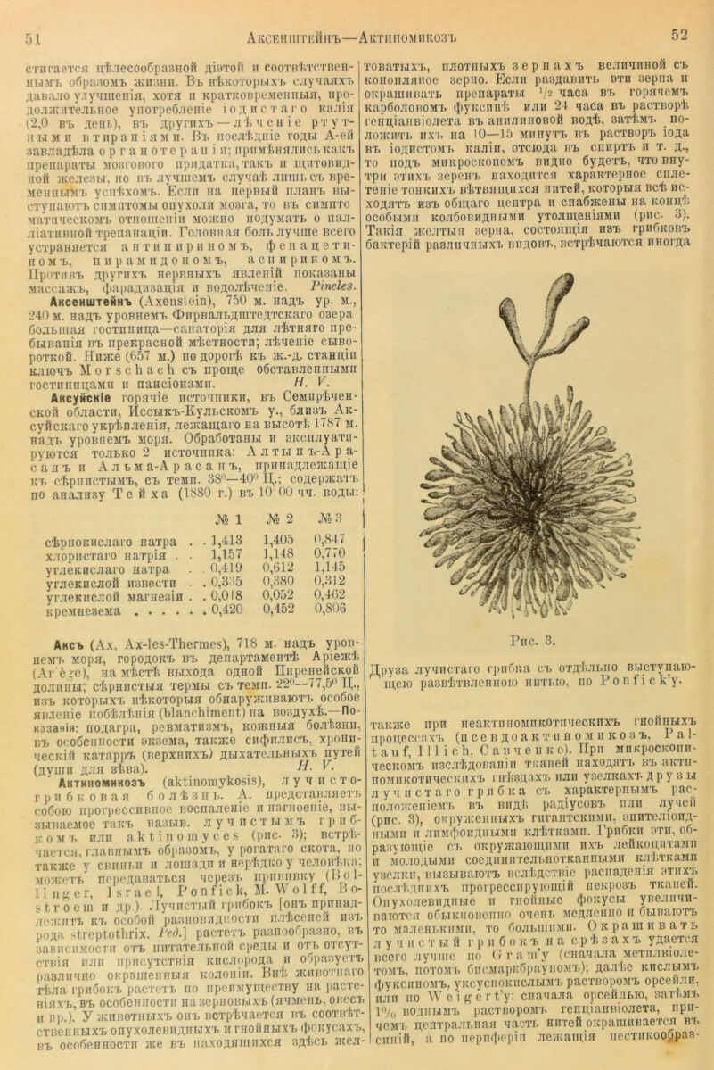 CTnraeTCfl n'feaecooöpaBnoil niaTofi ii cooTBlrrcTReH- HbiMTi o6pa80Mi> iKnanii. Bb H'fcKOXopux'b ejiyaaflxb ;iaBa:io y.iymueiiin, xoth ii KpaxKOBpeMeiinbifl, iipo- aojDKiixejibnoe ynoxpeo.xeiiie iojuicxaro Kaaiii (2,0 B'b 3enb), BX. npynixx. — ji ii ^i e h i e p x y x- II bl M n B X iip a n i fl M n. Bx> iiocji'liAnie ro;i,bi A-efi saBJiajcfejia opranoxepanin; iipiiMiHAJiiicb Kaicb npenapaxbi MOsroBoro npnjiaxKa,xaKx. ii ih,hxobh;(- iiofi iKeaesbi, iio bx, .xyfliueMx. cjiyxa'fe Jiiiiiibcx> Bpe- MGHUbDrb yciitxoM'b. Ecjiii na nepBbiß luiaixb bu- cxynaioxxj ciiMflxoMbi onyxoJin Mosra, xo irb cimnxo MaxiniecKOM'b oxiioiiieiiiii moikho iio;ryMaxb o iiaji- .xiaxiiBiioö xpenaoai(in. FoflOBiiafl ßojib Jiyxine Bcero ycxpaflflexcfl a n x ii n ii p ii ii o m x>, i|) e n a u; e x ii- II0 M Xj, n II p a m II a 0 h 0 m x>, a c ii n p n h o m x>. irpoxiiBx. apyrnxx. HepBHbixx> flBJieiiift noKaBanbi MaccaiKx,, (papa;rii3au,ia ii BoaoJiFflenie. Pineies. AKceHuiTeHHi> (Axenslein), 750 m. HaÄX> yp. m., 240 m. Haax. ypoBHeMX. OnpBajibÄiuxeAXCKaro oaepa öojibiiiafl rocxnnHii;a—caiiaxopifl äjia jiixHflro npo- ÖHBanifl Bx> npeKpacHofi mFcxhocxd; jiiiflenie chbo- poxKoö. Hnflce (657 m.) no flopori irb }k.-a. cxaHiriii KJiioflx> M 0 r s c h a c h cx. npoiu,e oöcxaBJiennbiMn rocxniinnaMii ii naHcionaMii. H. V. AKcyHCKie ropflflie iicxoxnnKii, bx> CeMupFflen- CKOii oöJiacxn, HccHKX>-KyjibCKOMX> y., öjidbx, Ak- cyücKaro ynpinflenifl, Aefliamaro na Bbicoxfc 1787 m. Ha^X’ ypoBiieMx> Mopa. 06pa6oxaflbi ii oKcnjiyaxii- pyiorcfl xojibKO 2 iicxoannKa: A Ji xbi n'b-Ä p a- canx>n Ajibm a-A p a c a ii x>, npHnaA-ieacainie Kx> c'J^pniicxbiMX), cx> xeMfl. 38'^—40*^ 11,.; coaepiKaxxi no aHajiHsy Te ft xa (1880 r.) bx> 10 00 aa. bojbi: clipHOKHCJiaro naxpa x.xopucxaro naxpifl . yraeKHCJiaro Haxpa yraeKHCJiofi iibbocxh yrjieKiicJioft MarHesin KpoMHeseMa .... xoBaxbix'b, njioxnbixX) s e p ii a x x> Be.xnannoft cx> KononjiAHoe sepiio. Ecjiii paBAamixb oxn Bcpna ii OKpamiiBaxb iipcnapaxbi '/2 naca bx. ropfl'icMx> Kap6ojiOBOMX> t{)yKcnn’li iijih 21 aaca bx pacxiiopli renii,iaiiBio.xexa ixb aniiJinnoBOft boa1>. aax'tMx. no- jiojKiixb lix'b na 10—15 Miinyxx. ixb pacxBopx. ioAa BX. ioAHCXOM'b Kanin, oxcioAa bx. ciiiipxx. n x. a., xo HOAX. MiiicpocKOiiOM'b BiiAHO 6yAexx>, axo Bny- xpn 8XIIXX. Bepeii'b iiaxoAnxca xapaicxepnoe cnac* xenie xomaix'b BixBAiunxca Hiixefi, Koxopbia bcx. iic- xoAflxx. H3X. o6m,aro ii,euxpa n cnaßKenbi na kohuIi ocoßbiMii KO.xßoRHAHbiMn yxoAui,eHiflMn (piic. 3). TaKifl jKe.xxbia Bcpiia, cocxoainia nsx. rpu6KOBX> öaKxepift paaniiaHbixx biiaobx., Rcxp'iaaioxca nHoi'Aa Xo 1 Xo 2 JfoH ' . 1,413 1,405 0,847 1,157 1,118 0,770 0,419 0,612 1,145 . 0,3.i5 0,380 0,312 . 0,018 0,052 0,462 . 0,420 0,452 0,806 Akcx, (Ax, Ax-les-Thermes), 718 m. haax ypon- HCMX. Mopa, ropoAOKX. BX, AenapxaMCHxi Apieadi (Ar'5.^e), na Micxt BbixoAa oahoö niipeneftcKoft AOAiiHLi; cipHiicxbifl xepMu cx, TCMn. 22'’—77,50 H., ii3'b Koxopbixx iiiiKOxopbifl oÖHapyjKiiBaioxx, ocoöoe ABxenie iioßintHia (blanchimeiit) na BOSAyx'fe.—Ho- Kasania: noAarpa, peBMaxii3MX>, KoacnbiA öoA'fesiiii, BX. ocoGeiiiiocxn aKSCMa, xanace ciKjmAncx., xpouuj aecKift Kaxappx, (Bepxnnxx.) Auxaxe.xbiibixx, nyxefi (Ayuiii AJifl sbBa). , Akthhomhko3i> (aktinomykosis), jiyancxo- rpnÖKOBaa 6 0 a'k 3 ii i,. A. npeAcxaiuiaexb C06010 iiporpeccHBiioe Bocnaaenie ii iiamoenie, bi,i- BbinaeMoe xaK'b na3biB. ,a y a n c x u m x. r p ii 6- K 0 M X, n.xii a k t i n 0 m y c e s (piic. 3); Bcxpk- aaexcA, r.xaBiii.iMX. oöpasoMX., y poraxaro cicoxa, iio xaKHce y CBiiiibii 11 aouiaAn ii ncpkAi^o y aGJiOBki.a, MOAicxx. nopcAaBaxbCA acpeax. liii^>-er, Israel, P 0 n f i c k, M. \\ 0 1 f f, B 0- stroem n AP )• Jlyniicxbiö rpnßoKX, [onx. npnnaA- jicnaixx irb ocoooft paciioBnAnocxii luikceHcfi ii3X> poAii streptothrix. Ped.] pacxexx, pasnooripaaiio, bx, BaBiiciiMocxii oxx, iinxaxejibnoft cpeAm 0x1. oxcyx- cxbIa iiJin npiicyxcxBia KiicaopoAa n oGpaayexx, pasJiiiaHO OKpameiinbui Kononiii. Bnt, jKiiBOxiiaio xkaa i'piiöoK’b pacxexb iio iipenMyinecTiiy na pacxe- Hia.x'b, BX, ocoöeiiiiocxii HaaepiioBbixx, (AaMeiib, obccx, II iip.). y AviiBOXiibixx, ou'b Bcxpkaapcfl bb cooxntx- cxBeiiHbixx. onyxoaeBiiAnbixB ii rnoftHbixx, iJiGicycaxB, BX, oco(5eHHOCXii Ace bx. iiaxoAniftiixcA 3Akcb aceji- Piic. 3. JI,py3a .ayaiicxaro rpiiöiia cb oxAkJinno Bwcxynaio- ii;eio pa3BkxBACHiioio iiuxbio, no Ponfick’y. xauiKC npn iieaKxiiiiOMnicoxiiaecKnxB rnoftnHXB npou,eccaxB (11 ce b ao a k x ii n 0 m ii k 0 3 b, Pal- tauf, mich, C a B a e n K 0). Tlpn MnKpocKOnn- aecKOMB ii3C.xkAOBaniii xnaiieft iiaxOAUXB bb anxii- noMiiKoxnaecKiixB riiksAaxB iian yseaicaxB Apy 3 bi ayaiicxaro rpiiÖKa cx, xapaKxepnbiMB pac- iioaoiKenieMB bb biia'I’> paAiycoBx, iiau ayacft (pnc. 3), oKpyJKeiiiibixB riiraiixcKiiMii, önnxeaionA- iibiMii H anMcJioiiAnbiMii icakxKaMn. PpnöKii 9Xii, 06- pa3yioinie cx, OKpyjKaioimn'in nxB JiefiKOunxaMii n MoaoAWMn coeAnHiixcabnoxKaHHbiMii KakxKaMn yaeaivii, Bbi3biBaioxB BcakAcxBic paciiaAenia axiixx, iiocaliAniixB nporpecciipyioni,ift nenposB xKaiiefi. OiiyxoaeBnAiibie ii riioftiibie iliOKycbi yneaiian- naioxcA oöbiKiioBCiino oaeiib MCAJieiiiio ii öbiBaioxB xo MaaeHbKiiMii, xo fioabiiiiiMii. OKpamiiBaxB a y a II c X bi ft r p 11 6 0 k b na c p k 3 a x b yAaexca Bcero Jiyaiiie iio (irra iii’y (ciiaaaaa MoxiiaBio.xe- xoMB, noxoMb öiicMapKßpayiiOMB); AiiJike KncabiMx, (J)yKcnnoMB, yiccyciioKiicabiMB pacxBopoMB opceft.xn, iiaii no W e i e r t’y: ciiaaaaa opcefiabio, saxt.MB 10/(j boahijmb pacxBopoMB renu,ianBioaexa, npn- acMB Aenxpaabnaa aacxi, Huxefi OKpaiunBaexca bb ciinift, a IIO nepml»epin aeiKainia iiecxiiKOO^paB-