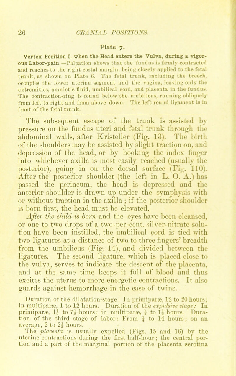 CllANlA L l>OSrnONS. 2G Plate 7. Vertex Position I. when tlie Head entere the Vulva, durlng a vigor- ous Labor-pain.—Palpation shows that the fundus is finnly coutraeted and reachcs to the right costal niargin, heing closely applied U) the fetal trunk, as shown 011 Plate (1. The fetal trunk, including the breech, occupies the lower uterine Segment and the vagina, leaving only the extremities, amniotic fluid, umbilical cord, and placenta in the fundus. The contractioii-ring is found below the unibilicii.s, runniiig obliquely from left to right and from above down. The left round ligameut is in front of the fetal trunk. The subsequent escape of the trunk is assisted by pressure on the fundus uteri and fetal trunk through tlie abdominal walls, after Kristeller (Fig. I3j. The birth of the shoulders may be assisted by slight traction on, and depression of the head, or by hooking tlie index finger into whichever axilla is most easily reached (usually the posterior), going in on the dorsal surface (Fig. 110). After the posterior shoulder (the left in L. O. A.) has passed the perineum, the head is depre.ssed and the anterior shoulder is drawu up under the symphy.sis with or without traction in the axilla ; if the posterior shoulder is born first, the head must be elevated. After the child is born and the eyes have been cleansed, or one to two drops of a two-per-cent. silver-nitrate Solu- tion have been instilled, the umbilical cord is tied with two ligatures at a distance of two to three fingers’ breadth from the umbilicus (Fig. 14), and divided between the ligatures. The second ligature, which is placed dose to the vulva, serves to indicate the descent of the placenta, and at the same time keeps it full of blood and thus excites the uterus to more energetic contractions. It also guards against hemorrhage in the case of twins. Duration of the dilatation-stage: In primiparte, 12 to 20hours; in multipara?, 1 to 12 hours. Duration of the e.rpulsire stage: In priniiparaj, l.V to 7^ hours; in mnltiparre, 1 to 11 hours. Dura- tion of the third stage of labor: From I to 14 hours; on an average, 2 to 21 hours. The placenta is usually expelled (Figs. 15 and 16) by the uterine contractions during the first half-hour; the central por- tion and a part of the marginal portioii of the placenta serotina