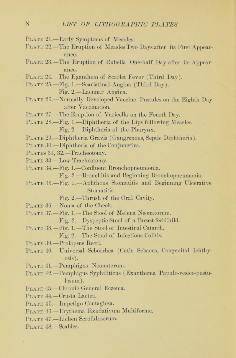 Plate 21.—Early Symptoms of Measles. Plate 22.—The Eruption of Measles Two Daysafter its First Appear- ance. Plate 23.—The Eruption of Rubella One-half Day after its Appear- ance. Plate 24.—The Exanthem of Scarlet Fever (Third Day). Plate 25.—Fig. 1.—Scarlatinal Angina (Third Day). Fig. 2.—Lacunar Angina. Plate 26.—Normally Developed Vaccine Pustules on the Eighth Day after Vaccination. Plate 27.—The Eruption of Varicella on the Foürth Day. Plate 28.—Fig. 1.—Diphtlieria of the Lips following Measles. Fig. 2.—Diphtlieria of the Pharynx. Plate 29.—Diphtheria Gravis (Gangrenous, Septic Diphtheria). Plate 30.—Diphtheria of the Con junctiva. Plates 31, 32.—Tracheotomy. Plate 33.—Low Tracheotomy. Plate 34.—Fig. 1.—Confluent Bronchopneumonia. Fig. 2.—Bronchitis and Beginning Bronchopneumonia. Plate 35.—Fig. 1.—Aphthous Stomatitis and Beginning Ulcerative Stomatitis. Fig. 2.—Thrush of the Oral Cavity. Plate 36.—Noma of the Cheek. Plate 37.—Fig. 1.—The Stool of Melena Neonatorum. Fig. 2.—DyspepticStool of a Breast-fed Child. Plate 38.—Fig. 1.—The Stool of Intestinal Catarrh. Fig. 2.—The Stool of Infectious Colitis. Plate 39.—Prolapsus Recti. Plate 40.—Universal Seborrliea (Cutis Sebacea, Congenital Ichthy- osis). Plate 41.—Pemphigus Neonatorum. Plate 42.—Pemphigus Syphiliticus (Exanthema Papulo-vesico-pustu- losum). Plate 43.—Chronic General Eczema. Plate 44.—Crusta Lactea. Plate 45.—Impetigo Contagiosa. Plate 46.—Erythema Exudatiyum Multiforme. Plate 47.—Liehen Scrofulosorum. Plate 48.—Scabies.