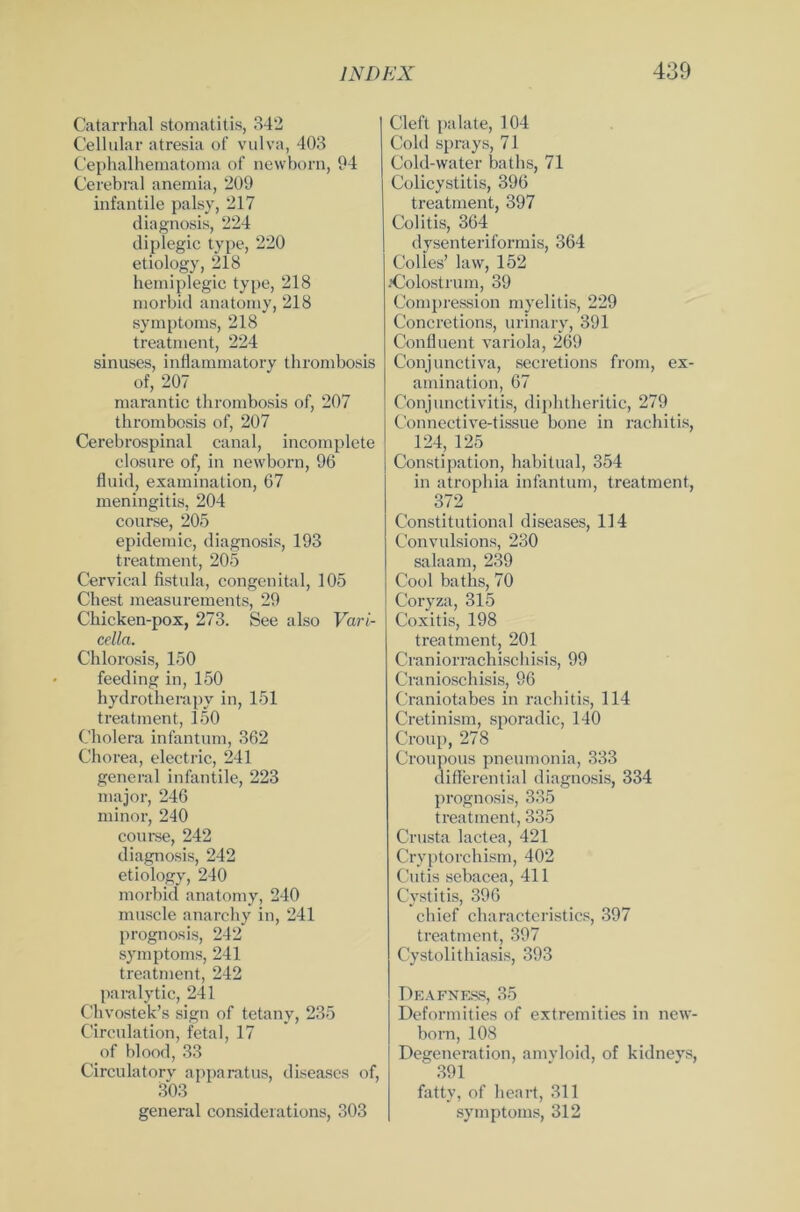 Catarrhal Stomatitis, 342 Cellular atresia of vulva, 403 Cephalhematoma of newborn, 94 Cerebral anemia, 209 infantile palsy, 217 diagnosis, 224 diplegic type, 220 etiology, 218 herniplegic type, 218 morbid anatomy, 218 Symptoms, 218 treatment, 224 sinuses, inflammatory thrombosis of, 207 marantic thrombosis of, 207 thrombosis of, 207 Cerebrospinal canal, incomplete closure of, in newborn, 96 fluid, examination, 67 meningitis, 204 course, 205 epidemic, diagnosis, 193 treatment, 205 Cervical fistula, congenital, 105 Chest measurements, 29 Chicken-pox, 273. See also Vari- cella. Chlorosis, 150 feeding in, 150 hydrotherapy in, 151 treatment, 150 Cholera infantum, 362 Chorea, electric, 241 general infantile, 223 major, 246 minor, 240 course, 242 diagnosis, 242 etiology, 240 morbid anatomy, 240 muscle anarchy in, 241 prognosis, 242 Symptoms, 241 treatment, 242 paralytic, 241 Chvostek’s sign of tetany, 235 Circulation, fetal, 17 of blood, 33 Circulatory apparatus, diseases of, 303 general considerations, 303 Cleft palate, 104 Cold sprays, 71 Cold-water batlis, 71 Colicystitis, 396 treatment, 397 Colitis, 364 dysenteriformis, 364 Colles’ law, 152 •Colostrum, 39 Compression myelitis, 229 Concretions, urinarv, 391 Confluent variola, 269 Conjunctiva, secretions from, ex- amination, 67 Conjunctivitis, diphtheritic, 279 Connective-tissue bone in rachitis, 124, 125 Constipation, habitual, 354 in atrophia infantum, treatment, 372 Constitutional diseases, 114 Convulsions, 230 salaam, 239 Cool batlis, 70 Coryza, 315 Coxitis, 198 treatment, 201 Craniorrachischisis, 99 Cranioschisis, 96 Craniotabes in rachitis, 114 Cretinism, sporadic, 140 Croup, 278 Croupous pneumonia, 333 differential diagnosis, 334 prognosis, 335 treatment, 335 Crusta lactea, 421 Cryptorchism, 402 Cutis sebacea, 411 Cystitis, 396 chief characteristics, 397 treatment, 397 Cystolithiasis, 393 Deafness, 35 Deformities of extremities in new- born, 108 Degeneration, amyloid, of kidneys, 391 fattv, of heart, 311 Symptoms, 312