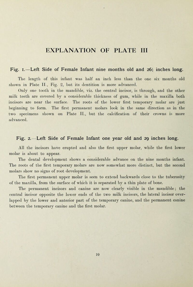 Fig. I.—Left Side of Female Infant nine months old and 26k inches long. The length of this infant was half an inch less than the one six months old shown in Plate II., Fig. 2, but its dentition is more advanced. Only one tooth in the mandible, viz. the central incisor, is through, and the other milk teeth are covered by a considerable thickness of gum, while in the maxilla both incisors are near the surface. The roots of the lower first temporary molar are just beginning to form. The first permanent molars look in the same direction as in the two specimens shown on Plate II., but the calcification of their crowns is more advanced. Fig. 2.—Left Side of Female Infant one year old and 29 inches long. All the incisors have erupted and also the first upper molar, while the first lower molar is about to appear. The dental development shows a considerable advance on the nine months infant. The roots of the first temporary molars are now somewhat more distinct, but the second molars show no signs of root development. The first permanent upper molar is seen to extend backwards close to the tuberosity of the maxilla, from the surface of which it is separated by a thin plate of bone. The permanent incisors and canine are now clearly visible in the mandible; the central incisor opposite the lower ends of the two milk incisors, the lateral incisor over- lapped by the lower and anterior part of the temporary canine, and the permanent canine between the temporary canine and the first molar.