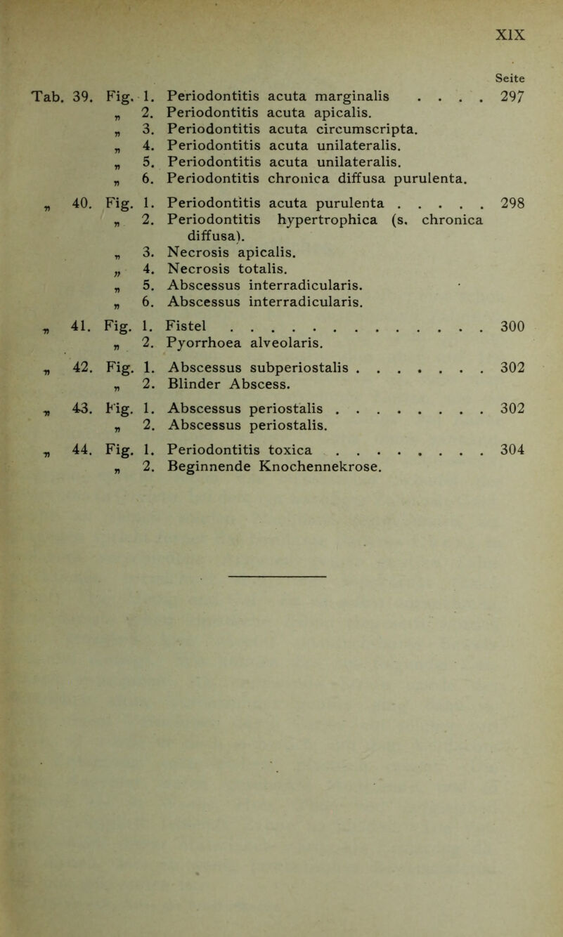 39. Fig. 1. Periodontitis acuta marginalis . . . . V 2. Periodontitis acuta apicalis. V 3. Periodontitis acuta circumscripta. 4. Periodontitis acuta unilateralis. 5. Periodontitis acuta unilateralis. 7) 6. Periodontitis chronica diffusa purulenta. 40. Fig. 1. Periodontitis acuta purulenta Ti 2. Periodontitis hypertrophica (s, chronica diffusa). r> 3. Necrosis apicalis. 77 4. Necrosis totalis. 7) 5. Abscessus interradicularis. 7) 6. Abscessus interradicularis. 41. Fig. 1. Fistel V 2. Pyorrhoea alveolaris. 42. Fig. 1. Abscessus subperiostalis 77 2. Blinder Abscess. 43. Mg. 1. Abscessus periostalis V 2. Abscessus periostalis. 44. Fig. 1. Periodontitis toxica V 2. Beginnende Knochennekrose. Seite 29 7 298 300 302 302 304