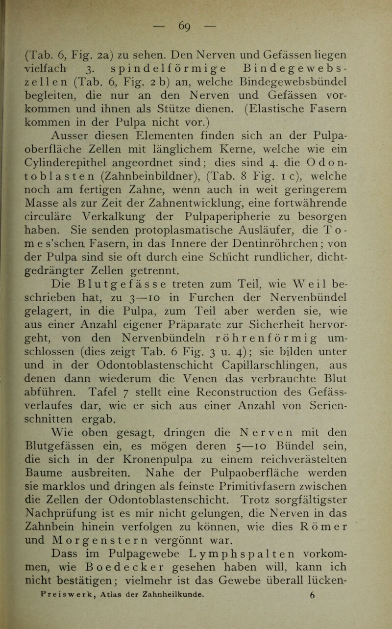 (Tab. 6, Fig. 2a) zu sehen. Den Nerven und Gefässen liegen vielfach 3. spindelförmige Bindegewebs- zellen (Tab. 6, Fig. 2 b) an, welche Bindegewebsbündel begleiten, die nur an den Nerven und Gefässen Vor- kommen und ihnen als Stütze dienen. (Elastische Fasern kommen in der Pulpa nicht vor.) Ausser diesen Elementen finden sich an der Pulpa- oberfläche Zellen mit länglichem Kerne, welche wie ein Cylinderepithel angeordnet sind; dies sind 4. die Odon- toblasten (Zahnbeinbildner), (Tab. 8 Fig. 1 c), welche noch am fertigen Zahne, wenn auch in weit geringerem Masse als zur Zeit der Zahnentwicklung, eine fortwährende circuläre Verkalkung der Pulpaperipherie zu besorgen haben. Sie senden protoplasmatische Ausläufer, die T o - m e s’schen, Fasern, in das Innere der Dentinröhrchen; von der Pulpa sind sie oft durch eine Schicht rundlicher, dicht- gedrängter Zellen getrennt. Die Blutgefässe treten zum Teil, wie Weil be- schrieben hat, zu 3—10 in Furchen der Nervenbündel gelagert, in die Pulpa, zum Teil aber werden sie, wie aus einer Anzahl eigener Präparate zur Sicherheit hervor- geht, von den Nervenbündeln röhrenförmig um- schlossen (dies zeigt Tab. 6 Fig. 3 u. 4); sie bilden unter und in der Odontoblastenschicht Capillarschlingen, aus denen dann wiederum die Venen das verbrauchte Blut abführen. Tafel 7 stellt eine Reconstruction des Gefäss- verlaufes dar, wie er sich aus einer Anzahl von Serien- schnitten ergab. Wie oben gesagt, dringen die N e r v e n mit den Blutgefässen ein, es mögen deren 5—10 Bündel sein, die sich in der Kronenpulpa zu einem reichverästelten Baume ausbreiten. Nahe der Pulpaoberfläche werden sie marklos und dringen als feinste Primitivfasern zwischen die Zellen der Odontoblastenschicht. Trotz sorgfältigster Nachprüfung ist es mir nicht gelungen, die Nerven in das Zahnbein hinein verfolgen zu können, wie dies Römer und Morgenstern vergönnt war. Dass im Pulpagewebe Lymphspalten Vorkom- men, wie Boedecker gesehen haben will, kann ich nicht bestätigen; vielmehr ist das Gewebe überall lücken- Preiswerk, Atlas der Zahnheilkunde. 6