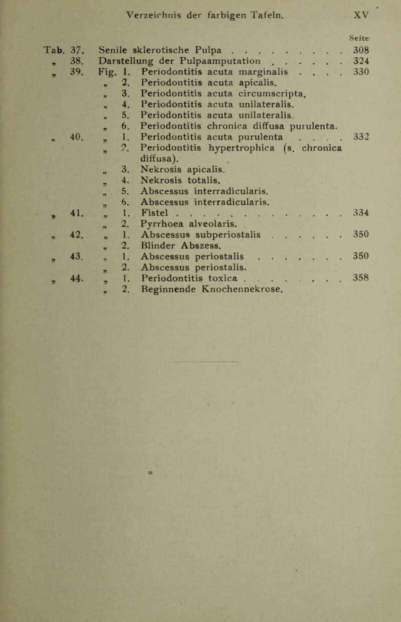 Tab. 37. „ 38. , 39. 40. „ 41. * 42. „ 43. , 44. Senile sklerotische Pulpa Darstellung der Pulpaamputation Fig. 1. Periodontitis acuta marginalis . . . . „ 2. Periodontitis acuta apicalis. „ 3. Periodontitis acuta circumscripta. „ 4. Periodontitis acuta unilateralis. „ 5. Periodontitis acuta unilateralis. „ 6. Periodontitis chronica diffusa purulenta. „ 1. Periodontitis acuta purulenta . . . . n ?. Periodontitis hypertrophica (s. chronica diffusa). „ 3. Nekrosis apicalis. „ 4. Nekrosis totalis. „ 5. Abscessus interradicularis. n 6. Abscessus interradicularis. „ 1. Fistel „ 2. Pyrrhoea alveolaris. „ 1. Abscessus subperiostalis „ 2. Blinder Abszess. 1. Abscessus periostalis „ 2. Abscessus periostalis. „ 1. Periodontitis toxica „ 2. Beginnende Knochennekrose. Seite 308 324 330 332 334 350 350 358