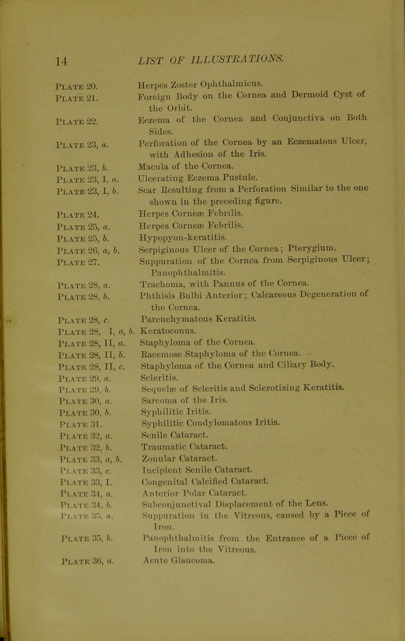 Plate 20. Herpes Zoster Oplitbal rnicus. Plate 21. Foreign Body on the Cornea and Dermoid Cyst of the Orbit. Plate 22. Eczema of the Cornea and Conjunctiva on Both Sides. Plate 23, a. Perforation of the Cornea by an Eczematous Ulcer, with Adhesiou of the Iris. Plate 23, b. Macula of the Cornea. Plate 23,1, «. Ulcerating Eczema Pustule. Plate 23, 1, b. Sear Besulting from a Perforation Similar to the onc sliown in the preceding figure. Plate 24. Herpes Cornese Febrilis. Plate 25, a. Herpes Corneae Febrilis. Plate 25, b. Ilypopyon-keratitis. Plate 26, a, b. Serpiginous Ulcer of the Cornea; Pterygium. Plate 27. Suppuration of the Cornea from Serpiginous Ulcer; Pauophthalmitis. Plate 28, a. Trachoma, with Pannus of the Cornea. Plate 28, b. Phthisis Bulbi Anterior; Calcareous Degeneration of the Cornea. Plate 28, c. Parenchymatous Keratitis. Plate 28, I, ff, b. Keratoconus. Plate 28, II, ff. Staphyloma of the Cornea. 1'late 28, II, b. Bacemose Staphyloma of the Cornea. Plate 28, II, c. Staphyloma of the Cornea and Ciliary Body. Plate 29, a. Scleritis. Plate 29, b. Sequelse of Scleritis and Sclerotiziug Keratitis. Plate 30, n. Sarcoma of the Iris. Plate 30, b. Sypliilitic Iritis. Plate 31. Syphilitic Condylomatous Iritis. Plate 32, «. Senile Cataract. Plate 32, b. Traumatic Cataract. Plate 33, a, b. Zonular Cataract. Plate 33, c. Incipient Senile Cataract. Plate 33,1. Congenital Calcified Cataract. Plate 34, a. Anterior Polar Cataract. Plate 34, b. Subconjunetival Displacement of the Lens. Pi.ate 35, a. Suppuration in the Vitreous, caused by a Piece of Tron. Plate 35, b. Panophthalinitis from the Entranee of a Piece of Iron into the Vitreous. Plate 36, ff. Acute Glaucoma.