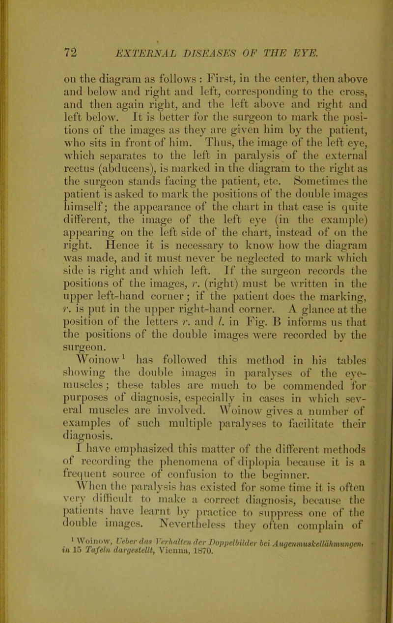 on the diagram as follows : First, in the center, tlien above and below and right and left, corresponding to the cross, and tlien again right, and the left above and riglit. and left below. It is better for the surgeon to mark the posi- tions of the images as tliey are given him by the patient, who sits in front of him. Thus, the image of the left eye, which separates to the left in paralysis of the external rectns (abducens), is marked in the diagram to the right as the surgeon Stands facing the patient, etc. Sometimes the patient is asked to mark the positions of the double images liimself; the appearance of the chart in that case is cpiite different, the image of the left eye (in the example) appearing on the left side of the chart, instead of on the right. Hence it is necessary to know how the diagram was made, and it must never be negleeted to mark which side is right and which left. If the surgeon records the positions of the images, r. (right) must be written in the upper left-hand corner; if the patient does the marking, r. is put in the upper right-hand corner. A glance at the Position of the letters r. and l. in Fig. B informs us that the positions of the double images were recorded by the surgeon. Woinow1 has followed tliis method in bis tables sliowing the double images in paralyses of the eye- muscles; tliesc tables are much to be commended for purposes of diagnosis, especially in cases in which sev- eral muscles are involved. Woinow gives a nuinber of examples of such multiple paralyses to facilitate tlieir diagnosis. I have emphasized tliis matter of the different methods of recording the phenomena of diplopia because it is a frequent source of confusion to the beginner. When the paralysis has existed for some time it is often very difficult to makc a correct diagnosis, because the patients have learnt by practice to suppreSS one of the double images. Nevertheless they often complain of ■ ' yV2j,‘°rr' Leber da» Verhallen der Doppelbilder bei Augenmtiekellähmungen> in lo Tafeln dargestellt, Vienna, 1870.