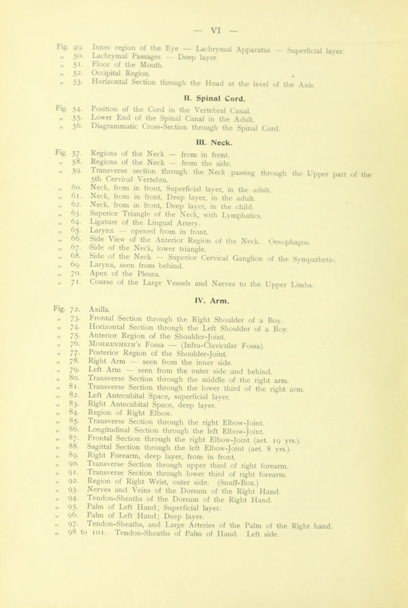 I-lg. 49- Inner region of the Eye — Lachrymal Apparatus — Superficial layer „ 50. Lachry mal Passages — Deep layer. „ 51. Floor of the Mouth. „ 5 2. Occipital Region. »1 53- Horizontal Section through the Head at the level of the Axis. II. Spinal Cord. F*g 54- Position of the Cord in the Vertebral Canal. „ 55. Lower End of the Spinal Canal in the Adult. „ 56. Diagrammatic Cross-Section through the Spinal Cord. III. Neck. Regions of the Neck — from in front. Regions of the Neck — from the side. Transverse section through the Neck passing through the Upiier part of the 5th Cervical Vertebra. Neck, from in front. Superficial layer, in the adult. Neck, from in front. Deep layer, in the adult. Neck, from in front. Deep layer, in the child. Superior Triangle of the Neck, with Lymphatics. Ligature of the Lingual Artery. Larynx — opened from in front. Side View of the Anterior Region of the Neck. Oesophagus. Side of the Neck, lower triangle. Side ol the Neck — Superior Cervical Ganglion of the Sympathetic. Larynx, seen from- behind. Apex of the Pleura. Course of the Large Vessels and Nerves to the Upper Limbs. IV. Arm. Fig. 72. Axilla. „ 73. Frontal Section through the Right Shoulder of a Boy. „ 74. Horizontal Section through the Left Shoulder of a Boy. „ 75. Anterior Region of the Shoulder-Joint. „ 76. Mohrenheim’s Fossa — (Infra-Clavicular Fossa). » 77- Posterior Region of the Shoulder-Joint. „ 78- Right Arm — seen from the inner side. „ 79. Left Arm — seen from the outer side and behind. „ 80. Transverse Section through the middle of the right arm. „ 81. Transverse Section through the lower third of the right arm. „ 82. Left Antecubital Space, superficial layer. „ 83. Right Antecubital Space, deep layer. „ 84. Region of Right Elbow. » 85. Transverse Section through the right Elbow-Joint. „ 86. Longitudinal Section through the left Elbow-Joint, u 87. Prontal Section through the right Elbow-Joint (aet. 19 yrs.). ” 88. Sagittal Section through the left Elbow-Joint (aet. 8 yrs.). „ 89. Right Forearm, deep layer, from in front „ 00. Transverse Section through upper third of right forearm. „ 91. Transverse Section through lower third of right forearm. „ 92. Region of Right Wrist, outer side. (Snuff-Box.) » 93. Nerves and Veins of the Dorsum of the Right Hand. „ 94. Tendon-Sheaths of the Dorsum of the Right Hand. » 95- Palm of Left Hand; Superficial layer. 1, 96. Palm of Left Hand; Deep layer. ” 97- 1 endon-Sheaths, and Large Arteries of the Palm of the Right hand. „ 98 to 101. Tendon-Sheaths of Palm of Hand. Left side. F>g- 57- .. 58. » 59- » 60. „ 61. „ 62. „ 63. » 64. ,, 65. „ 66. „ 67. „ 68. „ 69. „ 7°- „ 7i.