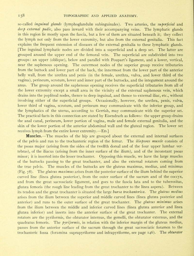 so-called inguinal glands (lymphoglandulae subinguinales). Two arteries, the superficial and deep external pudic, also pass inward with their accompanying veins. The lymphatic glands in this region lie mostly upon the fascia, but a few of them are situated beneath it; they collect the lymph not only from the lower extremity, but also from the external genitalia. This fact explains the frequent extension of diseases of the external genitalia to these lymphatic glands. [The inguinal lymphatic nodes are divided into a superficial and a deep set. The latter are grouped around the upper end of the femoral vein. The superficial are subdivided into two groups: an upper (oblique), below and parallel with Poupart’s ligament, and a lower, vertical, near the saphenous opening. The outermost nodes of the superior group receive tributaries from the buttock and lower part of the back, the innermost from the lower part of the anterior belly wall, from the urethra and penis (in the female, urethra, vulva, and lower third of the vagina), perineum, scrotum, lower and inner part of the buttocks, and the integument around the anus. The group around the saphenous opening receives the superficial tributaries from all of the lower extremity except a small area in the vicinity of the external saphenous vein, which drains into the popliteal nodes, thence to deep inguinal, and thence to external iliac, etc., without involving either of the superficial groups. Occasionally, however, the urethra, penis, vulva, lower third of vagina, scrotum, and perineum may communicate with the inferior group, and the lymphatics of the uterus, according to Gerrish, may communicate with the superior set. The practical facts in this connection are stated by Eisendrath as follows: the upper group drains the anal canal, perineum, lower portion of vagina, male and female external genitalia, and the skin of the lower portion of the anterior abdominal wall and the gluteal region. The lower set receives lymph from the entire lower extremity.—Ed.] Muscles.—The muscles of the hip are grouped about the external and internal surfaces of the pelvis and run to the trochanteric region of the femur. The iliopsoas muscle consists of the psoas major (arising from the sides of the twelfth dorsal and of the four upper lumbar ver- tebras), of the iliacus (arising from the inner surface of the ilium), and of the inconstant psoas minor; it is inserted into the lesser trochanter. Opposing this muscle, we have the large muscles of the buttocks passing to the great trochanter, and also the external rotators coming from the true pelvis. The muscles of the buttocks are the gluteus maximus, medius, and minimus (Fig. 78). The gluteus maximus arises from the posterior surface of the ilium behind the superior curved line (linea glutaea posterior), from the outer surface of the sacrum and of the coccyx, and from the great sacrosciatic ligament, and goes to the fascia lata and to the tuberositas, glutaea femoris (the rough line leading from the great trochanter to the linea aspera). Between its tendon and the great trochanter is situated the large bursa trochanterica. The gluteus medius arises from the ilium between the superior and middle curved lines (linea glutaea posterior and anterior) and runs to the outer surface of the great trochanter. The gluteus minimus arises from the ilium between the middle and inferior curved lines (linea glutaea anterior and linea glutaea inferior) and inserts into the anterior surface of the great trochanter. The external rotators are the pyriformis, the obturator internus, the gemelli, the obturator externus, and the quadratus femoris. The pyriformis, in relation with the inferior margin of the gluteus medius, passes from the anterior surface of the sacrum through the great sacrosciatic foramen to the trochanteric fossa (foramina suprapyriforme and infrapyriforme, see page 146). The obturator