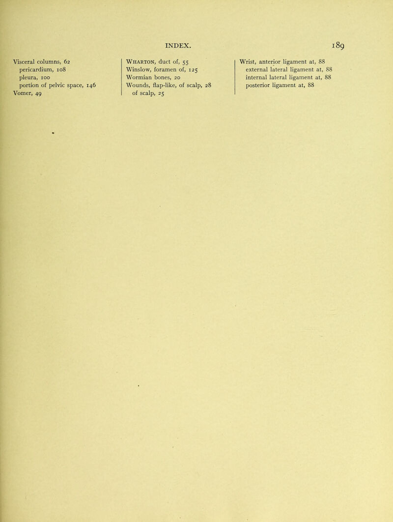 Visceral columns, 62 pericardium, 108 pleura, 100 portion of pelvic space, 146 Vomer, 49 INDEX. Wharton, duct of, 55 Winslow, foramen of, 125 Wormian bones, 20 Wounds, flap-like, of scalp, 28 of scalp, 25 189 Wrist, anterior ligament at, 88 external lateral ligament at, 88 internal lateral ligament at, 88 posterior ligament at, 88