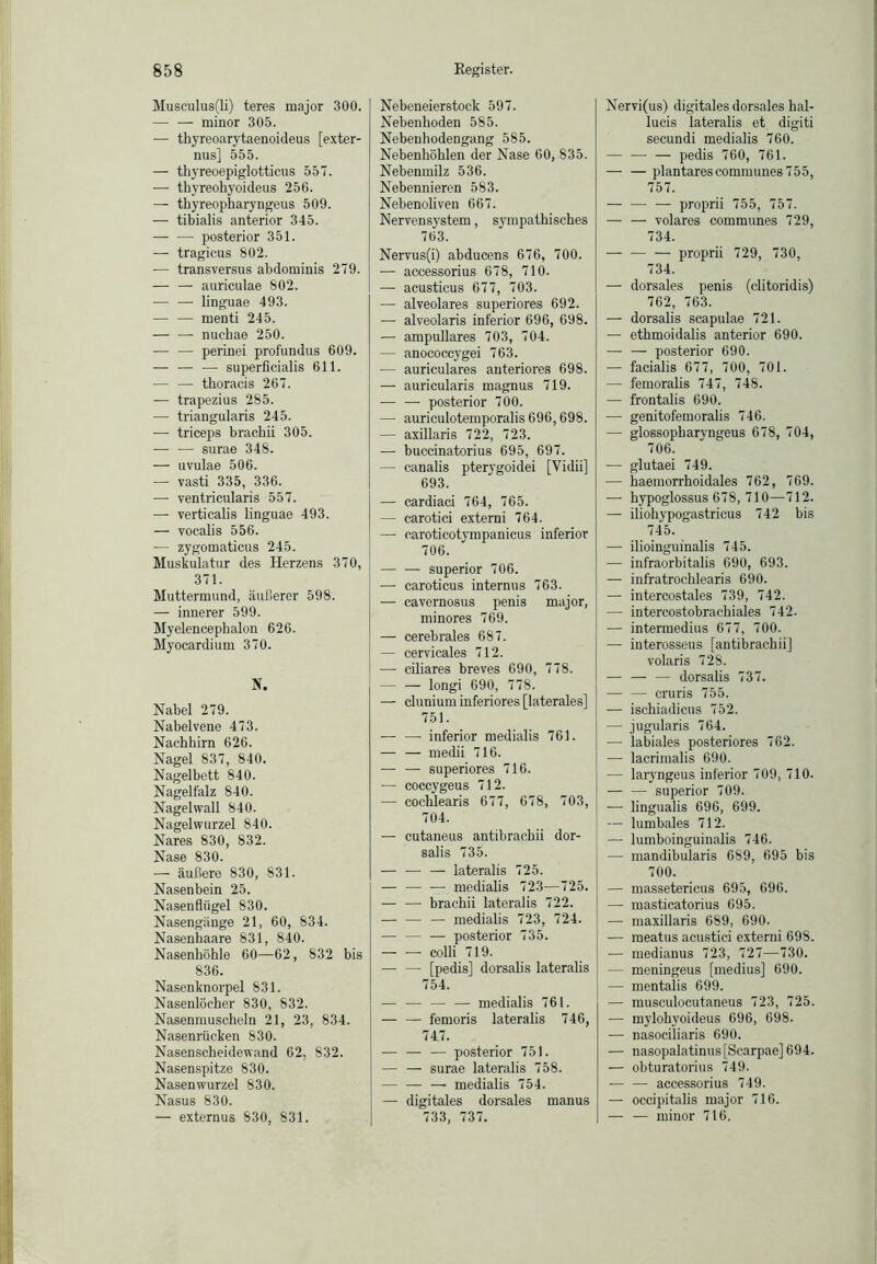 Musculus(li) teres major 300. — — minor 305. — thyreoarytaenoideus [exter- nus] 555. — thyreoepiglotticus 557. — thyreohyoideus 256. — thyreopharyngeus 509. — tibialis anterior 345. posterior 351. — tragieus 802. -— transversus abdominis 279. — — auriculae 802. linguae 493. — — menti 245. nucbae 250. — — perinei profundus 609. — — — superficialis 611. — — tboracis 267. — trapezius 285. — triangularis 245. — triceps bracbii 305. — — surae 348. — uvulae 506. —- vasti 335, 336. — ventricularis 557. — verticalis linguae 493. — vocalis 556. — zygomaticus 245. Muskulatur des Herzens 370, 371. Muttermund, äußerer 598. — innerer 599. Myelencephalon 626. Myocardium 370. N. Nabel 279. Nabelvene 473. Nacbbirn 626. Nagel 837, 840. Nagelbett 840. Nagelfalz 840. Nagel wall 840. Nagelwurzel 840. Nares 830, 832. Nase 830. — äußere 830, 831. Nasenbein 25. Nasenflügel 830. Nasengänge 21, 60, 834. Nasenhaare 831, 840. Nasenhöhle 60—62, 832 bis 836. Nasenknorpel 831. Nasenlöcher 830, 832. Nasenmuscheln 21, 23, 834. Nasenrücken 830. Nasenscheidewand 62, 832. Nasenspitze 830. Nasenwurzel 830. Nasus 830. — externus 830, 831. Nebeneierstock 597. Nebenhoden 585. Nebenhodengang 585. Nebenhöhlen der Nase 60, 835. Nebenmilz 536. Nebennieren 583. Nebenoliven 667. Nervensystem, sympathisches 763. Nervus(i) abducens 676, 700. — accessorius 678, 710. — acusticus 677, 703. — alveolares superiores 692. — alveolaris inferior 696, 698. — ampulläres 703, 704. — anococcygei 763. — auriculares anteriores 698. — auricularis magnus 719. — — posterior 700. — auriculotemporalis 696,698. — axillaris 722, 723. — buccinatorius 695, 697. — canalis pterygoidei [Vidii] 693. — cardiaci 764, 765. — carotici externi 764. —■ caroticotympanicus inferior 706. superior 706. — caroticus internus 763. — cavernosus penis major, minores 769. — cerebrales 687. — cervicales 712. — ciliares breves 690, 778. — — longi 690, 778. — clunium inferiores [laterales] 751. — — inferior medialis 761. — — medii 716. — — superiores 716. — coccygeus 712. — cochlearis 677, 678, 703, 704. — cutaneus antibrachii dor- salis 735. — — — lateralis 725. — — — medialis 723—725. — — brachii lateralis 722. — — — medialis 723, 724. — — — posterior 735. — — colli 719. — — [pedis] dorsalis lateralis 754. — — medialis 761. — — femoris lateralis 746, 747. — — — posterior 751. — — surae lateralis 758. — — —• medialis 754. — digitales dorsales manus 733, 737. Nervi(us) digitales dorsales hal- lucis lateralis et digiti secundi medialis 760. —■ — — pedis 760, 761. — — plantares communes 755, 757. — — — proprii 755, 757. — — volares communes 729, 734. proprii 729, 730, 734. — dorsales penis (clitoridis) 762, 763. — dorsalis scapulae 721. — ethmoidalis anterior 690. — — posterior 690. — facialis 677, 700, 701. — femoralis 747, 748. — frontalis 690. — genitofemoralis 746. — glossopharyngeus 678, 704, 706. — glutaei 749. — haemorrhoidales 762, 769. — hypoglossus 678, 710—712. — iliohypogastricus 742 bis 745. — ilioinguinalis 745. — infraorbitalis 690, 693. — infratrochlearis 690. — intercostales 739, 742. — intercostobrachiales 742. — intermedius 677, 700. — interosseus [antibrachii] volaris 728. — — — dorsalis 737. — — cruris 755. — ischiadicus 752. — jugularis 764. — labiales posteriores 762. — lacrimalis 690. — laryngeus inferior 709, 710. — — superior 709. — lingualis 696, 699. — lumbales 712. —• lumboinguinalis 746. — mandibularis 689, 695 bis 700. — massetericus 695, 696. — masticatorius 695. — maxillaris 689, 690. — meatus acustici externi 698. — medianus 723, 727—730. — meningeus [medius] 690. — mentalis 699. — musculocutaneus 723, 725. — mylohyoideus 696, 698. — nasociliaris 690. — nasopalatinus[Scarpae] 694. — obturatorius 749. — — accessorius 749. — occipitalis major 716. — — minor 716.
