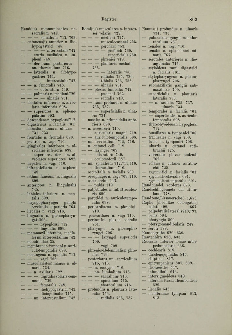 Rami(us) communicantes nn. sacralium 742. — — — spinalium 712, 763. — cutaneus(i) anterior n. ilio- hypogastrici 745. — — intercostalis742. — — cruris mediales n. sa- pheni 748. — — der rami posteriores nn. thoracalium 716. — — lateralis n. iliohypo- gastrici 744. — intercostalis742. — — n. femoralis 748. ■— — — obturatorii 749. — — palmaris n. mediani729. — — — — ulnaris 731. — dentales inferiores n. alveo- laris inferioris 698. — — superiores n. spheno- palatini 692. — descendensn.hypoglossi712. — digastricus n. facialis 701. — dorsalis manus n. ulnaris 731, 733. — frontalis n. frontalis 690. — gastrici n. vagi 710. — gingivales inferiores n. al- veolaris inferioris 698. — — superiores der nn. al- veolares superiores 692. — hepatici n. vagi 710. — infrapatellaris n. sapheni 748. — isthmi faucium n. lingualis 699. — anteriores n. ilioguinalis 745. — labiales inferiores n. men- talis 699. — laryngopharyngei ganglii cervicalis superioris 764. — lienales n. vagi 710. — linguales n. glossopkaryn- gei 706. — hypoglossi 712. — lingualis 699. — mammarii laterales, media- les nn. intercostalium 742. — mandibulae 35. — membranae tympani n. auri- culotemporalis 698. — meningeus n. spinalis 712. — vagi 708. — muscularis(es) manus n. ul- naris 734. — — n. axillaris 722. — — — digitalis volaris com- munis 729. — — — femoralis 748. — — — iliobypogastrici 742. — — — ilioinguinalis 745. — — nn. intercostalium 742. Rami(us) musculares n. interos- sei volaris 728. mediani 727. — — — musculocutanei 725. — — — peronaei 753. — — — — profundi 760. — — — — superficialis 760. — — — phrenici 719. — — — plantaris medialis 755. — — — — lateralis 756. — — — radialis 735, 736. — — — tibialis 753, 755. -— — — ulnaris 731. — — plexus lumbalis 742. — pudendi 762. — — — sacralis 749. — — rami profundi n. ulnaris 735, 737. — — — superficialis n. ulna- ris 734. — nasales n. ethmoidalis ante- rioris 690. — n. accessorii 710. — — auricularis magni 719. — — auriculotemporalis 698. — nn. cervicalium 715, 716. — n. cutanei colli 719. — — laryngei 709. — — obturatorii 749. — — oculomotorii 687. — nn. spinalium 712,715,716. — — thoracalium 716. — occipitalis n. facialis 700. — oesophagei n. vagi 709, 710. — ossis ischii 117. — — pubis 119. — palpebrales n. infratrochlea- ris 690. — parotidei n. auriculotempo- ralis 698. — pericardiacus n. phrenici 719. — pericardiaci n. vagi 710. — perineales plexus sacralis 751. — pharyngei n. glossopha- ryngei 706. — — —- laryngei superioris 709. — — — vagi 709. — phrenicoabdominalisn. phre- nici 719. — posteriores nn. cervicalium 715, 716. n. coccygei 716. — —- nn. lumbalium 716. — — — sacralium 716. — — — spinalium 715. — — — thoracalium 716. — profundus n. plantaris late- ralis 756. — radialis 735, 737. Ramus(i) profundus n. ulnaris 734, 735. — pulmonales gangliorum tho- racalium 767. — renales n. vagi 710. — renalis n. splanchnici mi- noris 767. -— scrotales anteriores n. ilio- inguinalis 745. — styloideus rami digastrici n. facialis 701. — stylopharyngeus n. glosso- pharyngei 706. -— submaxillaris ganglii sub- maxillaris 700. — superficialis n. plantaris lateralis 756. — — n. radialis 735, 737. — —• — ulnaris 734. — temporales n. facialis 701. — — superficiales n. auriculo- temporalis 698. — tbyreohyoideusn. hypoglossi 712. — tonsillares n.tympanici 706. — tracheales n. vagi 709. — tubae n. tympanici 706. — ulnaris n. cutanei anti- brachii 725. —- viscerales plexus pudendi 762. — volaris n. cutanei antibra- chii 725. -— zygomatici n. facialis 701. — zygomaticofacialis 691. — zygomaticotemporalis 691. Randbündel, vorderes 673. Randscklingennetz der Horn- haut 778. Randzone,Lissauersche671,673. Raphe [meduliae oblongatae] — palati 499. [667. — palpebralislateralis243,793. — penis 594. — pharyngis 509. — pterygomandibularis 247. — scroti 588. Rautengrube 629, 630. Rautenhirn 626, 633. Recessus anterior fossae inter- peduncularis 636. — cochlearis 818. — duodenojejunalis 545. — ellipticus 817. -— epitympanicus 807, 809. — ileocaecales 547. — infundibuli 646. — intersigmoideus 549. — laterales fossae rkomboideae 629. — lienalis 543. — membranae tympani 812, 813.