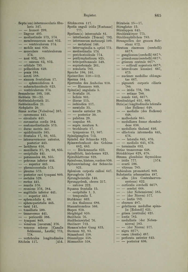 Septa(um) intermuscularia fibu- laria 347. — — humeri 299. — lingnae 493. — mediastinale 573, 574. — membranaceum nasi 832. — — ventriculorum 374. — mobile nasi 830. — musculare ventriculorum 374. — nasi 832, 833. — — osseum 62, 832. — orbitale 793. — pellucidum 649. — penis 594. ■— scroti 588. — sinuum frontalium 17. — — sphenoidalium 4. — subarachnoideale 623. — ventriculorum 374. Sesambeine 109, 146. Siebbein 20—22. Siebbeinlabyrinth 21. Siebbeinzellen 21. Siebplatte 20. Sinus aortae [Yalsalvae] 387. — cavernosus 441. — circularis 443. — coronarius cordis 384. — costomediastinalis 573. — durae matris 441. — epididymidis 585. — frontales 17, 60, 835. — intercavernosus anterior, posterior 443. — lactiferus 616. — maxillaris 27, 28, 60, 835. — occipitalis 441. — paranasales 60, 835. — petrosus inferior 444. — — superior 443. — phrenicocostalis 573. — pleurae 573. — posterior cavi tympani 809. — rectales 529. — rectus 441. — renalis 576. — reuniens 376, 384. — sagittalis inferior 441. — — superior 441. — sphenoidalis 4, 60. — sphenoparietalis 443. — tarsi 141. — tonsillaris 500. — transversus 441. — — pericardii 386. — tympani 809. — venarum [cavarum] 376. — venosus sclerae [Canalis Schiemmi, Lauthi] 773, 778. — vertebrales longitudinales Sitzbein 117. [454. Sitzknorren 117. Spatia anguli iridis [Fontanae] 777. Spatium(a) intercostale 81. — interfasciale [Tenoni] 792. — interosseum metacarpi 109. — — metatarsi 146. — intervaginalia n. optici 771. — mediastinalia 574. — perichorioideale 774. — perilymphaticum 825. — retroperitonaeale 549. — suprasternale 261. — zonularia 783. Speiche 100, 101. Speiseröhre 510—512. Sperma 584. Sperrzahn des Amboßes 810. Hammers 809. Spina(ae) angularis 5. — frontalis 16. — helicis 801. — iliacae 115. — ischiadica 117. — mentalis 35. — nasalis anterior 29. — — posterior 30. — palatina 29. — scapulae 89. — supra meatum 8. — trochlearis 17. — tympanicae 13, 807. Spinalganglien 712. Spindel der Schnecke 822. Spinnwebenhaut des Gehirns 682, 683. — — Rückenmarks 623. Spiralblatt, knöchernes 823. Spiralblattvene 828. Spiralvene, hintere, vordere 830. Spitzenwindung der Schnecke 821. Splenium corporis callosi 647. Sprungbein 140. Sprungbeinrolle 140. Sprunggelenk, oberes 217. •— unteres 222. Squama frontalis 15. — occipitalis 1, 3. — temporalis 7. Stabkranz 669. — des tbalamus 680. Stammbronchus 566. Stapes 810. Steigbügel 810. Steißbein 76. Steißbeinwirbel 76. Steißnerv 712. Stenson’scher Gang 833. Sternum 82, 83. Stimmband 558. Stimmlippe 558. Stimmritze 558. Stirnbein 15—17. Stirnglatze 15. Stirnlappen 641. Strahlenkörper 775. Strahlenplättchen 783. Strangzellen der grauen Sub- stanz 672. Stratum cinereum (cerebelli) 667 b. — gangliosum (cerebelli) 667 b. — granulosum (cerebelli) 667 b. — griseum centrale 667b. — — colliculi superioris 667 b. — interolivare lemnisci 667, 673. — nucleare medullae oblonga- tae 667. — pigmenti corporis ciliaris 780. — — iridis 776, 780. — — retinae 780. — zonale 646, 667b. Streifenhügel 651, 668. Stria(ae) longitudinalis lateralis (des Balkens) 648. — — medialis (des Balkens) 648. — malleolaris 805. — medulläres fossae rhomboi- deae 630. — medullaris thalami 646. — olfactoria interraedia 645, 676. — — lateralis 645, 676. — — medialis 645, 676. — terminalis 652. Striae transversae 648. Strickkörper 629, 678. Stroma glandulae thyreoideae — iridis 777. [574. — ovarii 596. — vitreum 783. Subiculum promontorii 809. Substantia adamantina 487. — alba (des Centralnerven- systems) 622. — corticalis cerebelli 667b. — — cerebri 668. — — (der Nebennieren) 583. — — (der Nieren) 577. — — lentis 782. — eburnea 487. — gelatinosa medullae spina- lis [Rolandi] 621. — grisea (centralis) 621. — lentis 782. — medullaris (der Neben- nieren) 583. (der Nieren) 577. — nigra 667 b. — ossea (dentis) 487. — perforata anterior 645. — — posterior 636.
