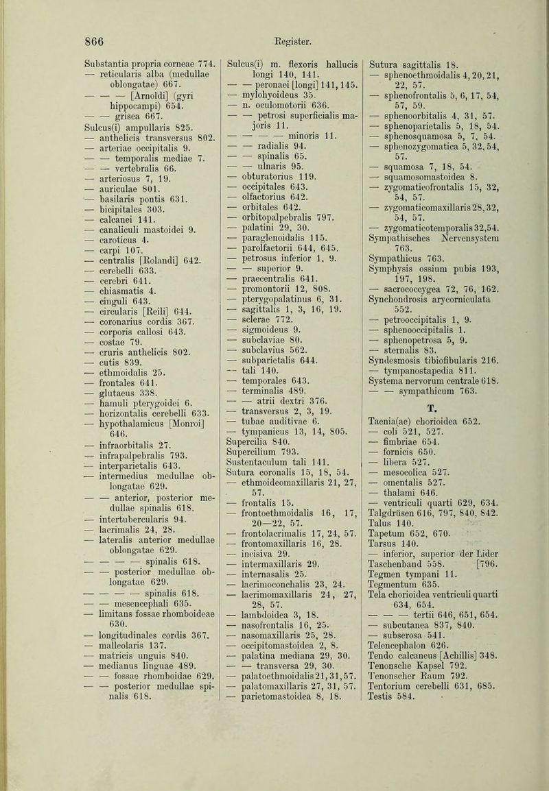 Substantia propria corneae 774. — reticularis alba (medullae oblongatae) 667. — — — [Arnoldi] (gyri hippocampi) 654. — — grisea 667. Sulcus(i) ampullaris 825. — anthelicis transversus 802. — arteriae occipitalis 9. ■— — temporalis mediae 7. — — vertebralis 66. — arteriosus 7, 19. — auriculae 801. — basilaris pontis 631. — bicipitales 303. — calcanei 141. — canaliculi mastoidei 9. — caroticus 4. — carpi 107. — centralis [Rolandi] 642. — cerebelli 633. — cerebri 641. — chiasmatis 4. — cinguli 643. — circularis [Reili] 644. — coronarius cordis 367. — corporis callosi 643. — costae 79. — cruris anthelicis 802. — cutis 839. — ethmoidalis 25. — frontales 641. — glutaeus 338. ■— hamuli pterygoidei 6. — horizontalis cerebelli 633. — hypothalamicus [Monroi] 646. — infraorbitalis 27. — infrapalpebralis 793. — interparietalis 643. — interraedius medullae ob- longatae 629. — — anterior, posterior me- dullae spinalis 618. — intertubercularis 94. — lacrimalis 24, 28. — lateralis anterior medullae oblongatae 629. -— — — — spinalis 618. — — posterior medullae ob- longatae 629. spinalis 618. — — mesencephali 635. — limitans fossae rhomboideae 630. — longitudinales cordis 367. — malleolaris 137. — matricis unguis 840. — medianus linguae 489. — — fossae rhomboidae 629. — — posterior medullae spi- nalis 618. Sulcus(i) m. flexoris hallucis longi 140, 141. — —peronaei [longi] 141,145. — mylohyoideus 35. — n. oculomotorii 636. — -— petrosi superficialis ma- joris 11. — — — — minoris 11. — — radialis 94. — — spinalis 65. — —- ulnaris 95. — obturatorius 119. — occipitales 643. — olfactorius 642. — orbitales 642. — orbitopalpebralis 797. — palatini 29, 30. — paraglenoidalis 115. — parolfactorii 644, 645. — petrosus inferior 1. 9. — — superior 9. — praeeentralis 641. — promontorii 12, 808. — pterygopalatinus 6, 31. — sagittalis 1, 3, 16, 19. — sclerae 772. — sigmoideus 9. — subclaviae 80. — subclavius 562. — subparietalis 644. — tali 140. — temporales 643. — terminalis 489. — — atrii dextri 376. — transversus 2, 3, 19. — tubae auditivae 6. — tympanicus 13, 14, 805. Supercilia 840. Supercilium 793. Sustentaculum tali 141. Sutura coronalis 15, 18, 54. — ethmoideomaxillaris 21, 27, 57. — frontalis 15. — frontoethmoidalis 16, 17, 20—22, 57. — frontolacrimalis 17, 24, 57. —• frontomaxillaris 16, 28. •— incisiva 29. — intermaxillaris 29. — internasalis 25. — lacrimoconchalis 23, 24. — lacrimomaxillaris 24, 27, 28, 57. — lambdoidea 3, 18. — nasof'rontalis 16, 25. — nasomaxillaris 25, 28. -— occipitomastoidea 2, 8. — palatina mediana 29, 30. — — transversa 29, 30. — palatoethmoidalis 21,31,57. — palatomaxillaris 27, 31, 57. — parietomastoidea 8, 18. Sutura sagittalis 18. — sphenoethmoidalis 4,20,21, 22, 57. — sphenofrontalis 5, 6, 17, 54, 57, 59. — sphenoorbitalis 4, 31, 57. — sphenoparietalis 5, 18, 54. — sphenosquamosa 5, 7, 54. — sphenozygomatica 5, 32, 54, 57. — squamosa 7, 18, 54. — squamosomastoidea 8. — zygomaticofroutalis 15, 32, 54, 57. — zygomaticomaxillaris28,32, 54, 57. — zygomaticotemporalis 32,54. Sympathisches Nervensystem 763. Sympathicus 763. Symphysis ossium pubis 193, 197, 198. — sacrococcygea 72, 76, 162. Synchondrosis arycorniculata 552. — petrooccipitalis 1, 9. — sphenooccipitalis 1. —■ sphenopetrosa 5, 9. — sternalis 83. Syndesmosis tibiofibularis 216. — tympanostapedia 811. Systema nervorum centrale 618. — — sympathicum 763. T. Taenia(ae) chorioidea 652. — coli 521, 527. — fimbriae 654. — fornicis 650. — libera 527. — mesocolica 527. — omentalis 527. — thalami 646. — ventriculi quarti 629, 634. Talgdrüsen 616, 797, 840, 842. Talus 140. Tapetum 652, 670. Tarsus 140. — inferior, superior der Lider Taschenband 558. [796. Tegmen tympani 11. Tegmentum 635. Tela chorioidea ventriculi quarti 634, 654. — — — te’rtii 646, 651, 654. -— subcutanea 837, 840. — subserosa 541. Telencephalon 626. Tendo calcaneus [Achillis] 348. Tenonsche Kapsel 792. Tenonscher Raum 792. Tentorium cerebelli 631, 685. Testis 584.