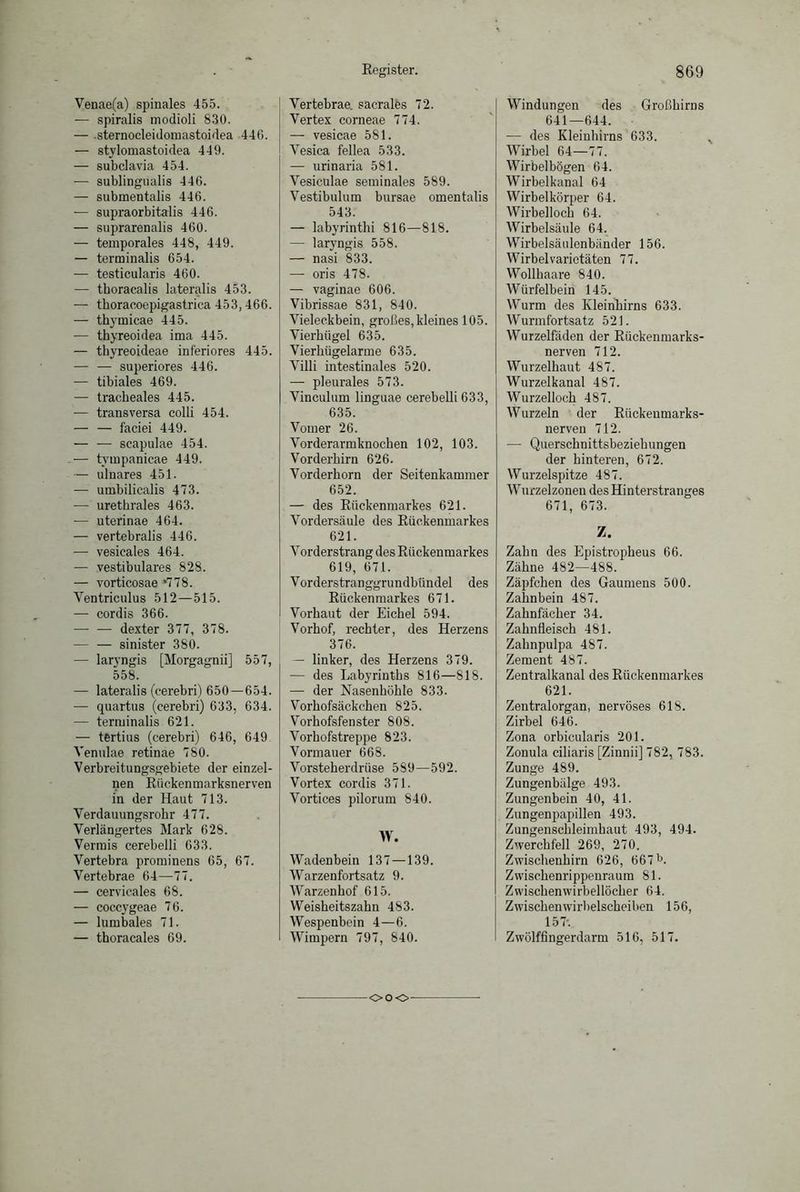 Venae(a) spinales 455. — spiralis modioli 830. — sternocleidomastoidea 440. — stylomastoidea 449. — subclavia 454. — sublingualis 446. — submentalis 446. — supraorbitalis 446. — suprarenalis 460. — temporales 448, 449. — terminalis 654. — testicularis 460. — tboracalis lateralis 453. — tboracoepigastrica 453,466. — thymicae 445. — thyreoidea ima 445. — thyreoideae inferiores 445. — — superiores 446. — tibiales 469. — tracbeales 445. — transversa colli 454. — — faciei 449. — — scapulae 454. — tvmpanicae 449. — ulnares 451. — umbilicalis 473. — urethrales 463. — uterinae 464. — vertebralis 446. — vesicales 464. — vestibuläres 828. — vorticosae *778. Ventriculus 512—515. — cordis 366. — — dexter 377, 378. — — sinister 380. — laryngis [Morgagnii] 557, 558. — lateralis (cerebri) 650 — 654. — quartus (cerebri) 633, 634. — terminalis 621. — tertius (cerebri) 646, 649 Venulae retinae 780. Verbreitungsgebiete der einzel- nen Rückenmarksnerven in der Haut 713. Verdauungsrohr 477. Verlängertes Mark 628. Vermis cerebelli 633. Vertebra prominens 65, 67. Vertebrae 64—77. — cervicales 68. — coccygeae 76. — lumbales 71. — thoracales 69. Vertebrae. sacrales 72. Vertex corneae 774. — vesicae 581. Vesica fellea 533. — urinaria 581. Vesiculae seminales 589. Vestibulum bursae omentalis 543. — labyrinthi 816—818. — laryngis 558. — nasi 833. — oris 478. — vaginae 606. Vibrissae 831, 840. Vieleckbein, großes,kleines 105. Vierbügel 635. Vierhügelarme 635. Villi intestinales 520. — pleurales 573. Vinculum linguae cerebelli 633, 635. Voiner 26. Vorderarmknochen 102, 103. Vorderhirn 626. Vorderhorn der Seitenkammer 652. — des Rückenmarkes 621. Vordersäule des Rückenmarkes 621. Vorderstrang des Rückenmarkes 619, 671. Vorderstranggrundbündel des Rückenmarkes 671. Vorhaut der Eichel 594. Vorhof, rechter, des Herzens 376. — linker, des Herzens 379. — des Labyrinths 816—818. — der Nasenhöhle 833. Vorhofsäckchen 825. Vorhofsfenster 808. Vorhofstreppe 823. Vormauer 668. Vorsteherdrüse 589—592. Vortex cordis 371. Vortices pilorum 840. W. Wadenbein 137—139. Warzenfortsatz 9. Warzenhof 615. Weisheitszahn 483. Wespenbein 4—6. Wimpern 797, 840. Windungen des Großhirns 641—644. — des Kleinhirns 633. Wirbel 64—77. Wirbelbögen 64. Wirbelkanal 64 Wirbelkörper 64. Wirbelloch 64. Wirbelsäule 64. Wirbelsäulenbänder 156. Wirbel Varietäten 77. Wollhaare 840. Würfelbein 145. Wurm des Kleinhirns 633. Wurmfortsatz 521. Wurzelfäden der Rückenmarks- nerven 712. Wurzelhaut 487. Wurzelkanal 487. Wurzelloch 487. W urzeln der Riickeumarks- nerven 712. — Querschnittsbeziehungen der hinteren, 672. Wurzelspitze 487. Wurzelzonen desHinterstranges 671, 673. Z. Zahn des Epistropheus 66. Zähne 482—488. Zäpfchen des Gaumens 500. Zahnbein 487. Zahnfächer 34. Zahnfleisch 481. Zahnpulpa 487. Zement 487. Zentralkanal des Rückenmarkes 621. Zentralorgan, nervöses 618. Zirbel 646. Zona orbicularis 201. Zonula ciliaris [Zinnii] 782, 783. Zunge 489. Zungenbälge 493. Zungenbein 40, 41. Zungenpapillen 493. Zungenschleimhaut 493, 494. Zwerchfell 269, 270. Zwischenhirn 626, 667b. Zwischenrippenraum 81. Zwischenwirbellöcher 64. Zwischen wirbelscheiben 156, 15 T. Zwölffingerdarm 516, 517. ooo