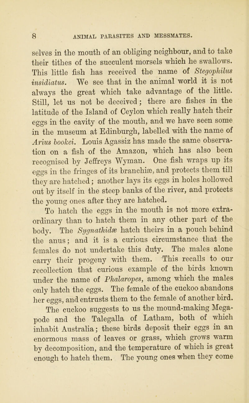 selves in the mouth of an obliging neigbbour, and to tako their tithes of the succulent morsels which he swallows. This little fish has received the name of Stegophilus insidiatus. We see that in the animal world it is not always the great which take advantage of the little. Still, let us not he deceived ; there are fishes in the latitude of the Island of Ceylon which really hatch their eggs in the cavity of the mouth, and we hâve seen some in the muséum at Edinburgh, labelled with the name of Avius hookei. Louis Agassiz has made the same observa- tion on a fish of the Amazon, which has also been recognised by Jeffrey s Wyman. One fish wraps up its eggs in the fringes of its branchiæ, and protects them till they are hatched ; another lays its eggs in holes hollowed out by itself in the steep banks of the river, and protects the young ones after they are hatched. To hatch the eggs in the mouth is not more extra- ordinary than to hatch them in any other part of the body. The Sygnathidæ hatch theirs in a pouch behind the anus; and it is a curions circumstance that the females do not undertake this duty. The males alone carry their progeny with them. This recalls to our recollection that curions example of the birds known under the name of Phalaropes, among which the males only hatch the eggs. The female of the cuckoo abandons her eggs, andentrusts them to the female of another bird. The cuckoo suggests to us the mound-making Mega- pode and the Talegalla of Latham, both of which inhabit Australia ; these birds deposit their eggs in an enormous mass of leaves or grass, which grows warm by décomposition, and the température of which is great enough to hatch them. The young ones when they corne