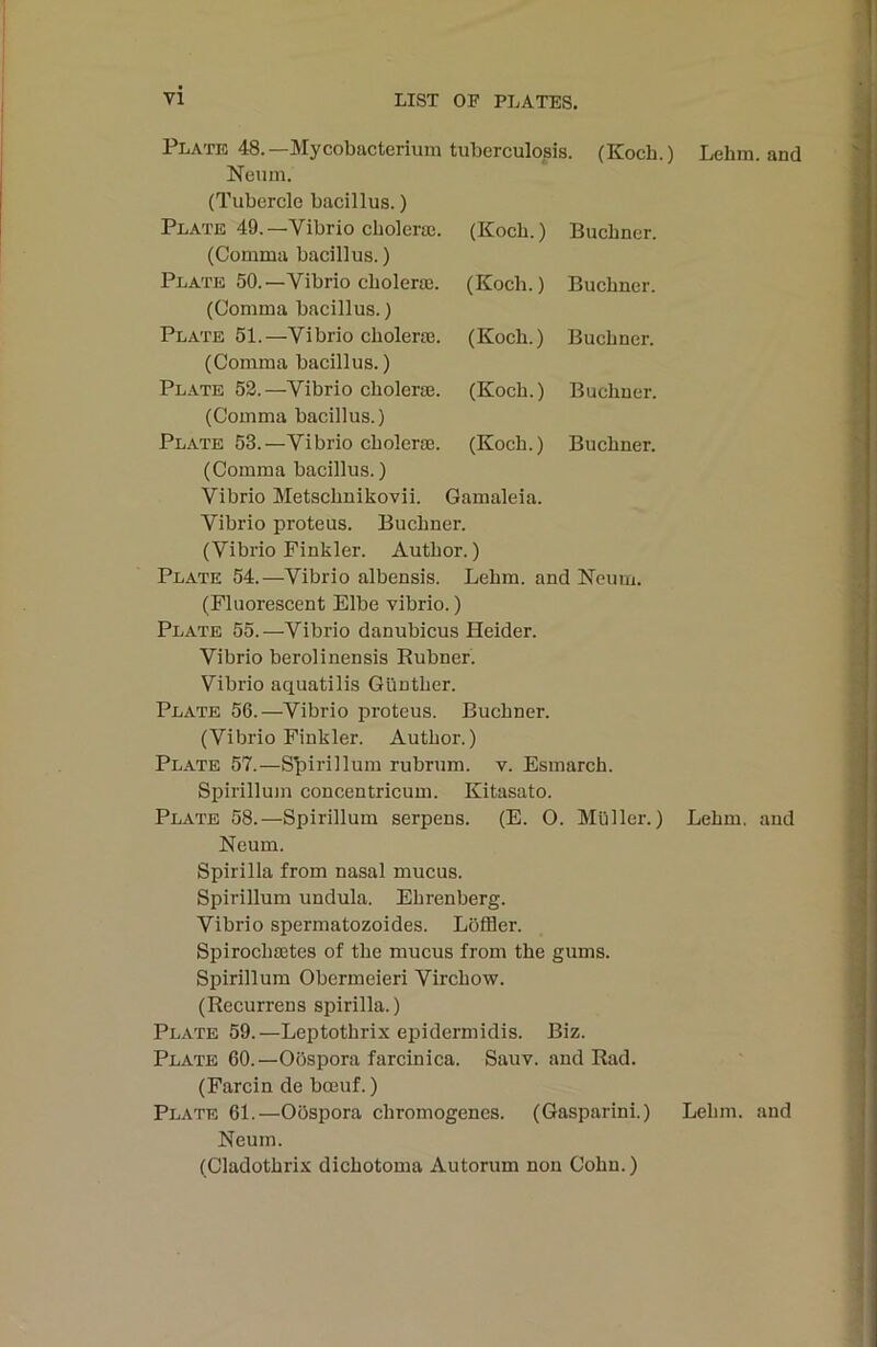 Plate 48.—Mycobacterium tuberculosis. (Koch.) Lehm, and Neum. (Tubercle bacillus.) Plate 49.—Vibrio cholerac. (Koch.) Büchner. (Comma bacillus.) Plate 50.—Vibrio cholera:. (Koch.) Büchner. (Comma bacillus.) Plate 51.—Vibrio cholera3. (Koch.) Büchner. (Comma bacillus.) Plate 52.—Vibrio choleraj. (Koch.) Büchner. (Comma bacillus.) Plate 53.—Vibrio cholersn. (Koch.) Büchner. (Comma bacillus.) Vibrio Metschnikovii. Gamaleia. Vibrio proteus. Büchner. (Vibrio Finkler. Author.) Plate 54.—Vibrio albensis. Lehm, and Neum. (Fluorescent Elbe vibrio.) Plate 55.—Vibrio danubicus Beider. Vibrio berolinensis Kühner. Vibrio aquatilis Günther. Plate 56.—Vibrio proteus. Büchner. (Vibrio Finkler. Author.) Plate 57.—S)oirillum rubrum, v. Esmarch. Spirillujn concentricum. Kitasato. Plate 58.—Spirillum serpens. (E. O. Müller.) Lehm, and Neum. Spirilla from nasal mucus. Spirillum undula. Ehrenberg. Vibrio spermatozoides. Löffler. Spirochsetes of the mucus from the gums. Spirillum Obermeieri Virchow. (Recurrens spirilla.) Plate 59.—Leptothrix epidermidis. Biz. Plate 60.—Oospora farcinica. Sauv. and Rad. (Farcin de bceuf.) Plate 61.—Oöspora chromogenes. (Gasparini.) Lehm, and Neum. (Cladothrix dichotoma Autorum non Cohn.)