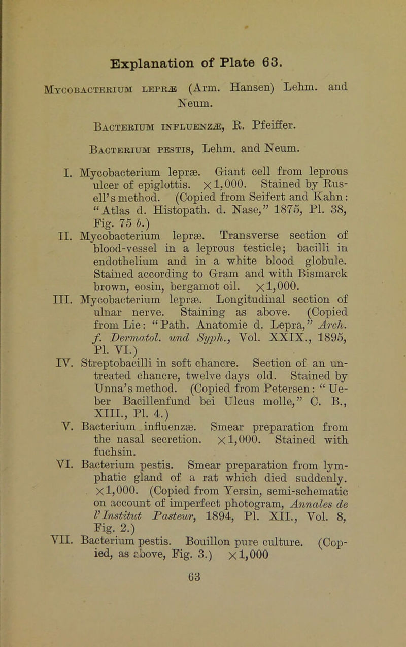 Mycobacterium lepb^ (Arm. Hansen) Lehm, and Neum. Bacterium iNFLUENZiE, E. Pfeiffer. Bacterium PESTIS, Lehm, and Neum. I. Mycobacterium leprse. Giant cell from leprous ulcer of epiglottis. x 1.000. Stained by Kus- eir s method. (Copied from Seifert and Kahn: “Atlas d. Histopath. d. Nase,” 1875, PI. 38, Pig. 75 b.) II. Mycobacterium lepree. Transverse section of blood-vessel in a leprous testicle; bacilli in endothelium and in a white blood globule. Stained according to Gram and with Bismarck brown, eosin, bergamot oil. X 1,000. III. Mycobacterium leprse. Longitudinal section of ulnar nerve. Staining as above. (Copied from Lie: “ Path. Anatomie d. Lepra, ” Arch. f. Deimatol. und Syph., Vol. XXIX., 1895, PI. VI.) IV. Streptobacilli in soft chancre. Section of an im- treated chancre, twelve days old. Stained by Unna’s method. (Copied from Petersen: “lie- ber Bacillenfund bei Ulcus molle,” C. B., XIII., PI. 4.) V. Bacterium influenzae. Smear preparation from the nasal secretion. x 1,000. Stained with fuchsin. VI. Bacterium pestis. Smear preparation from lym- phatic gland of a rat which died suddenly. X 1,000. (Copied from Yersin, semi-schematic on account of imperfect photogram, Annales de VInstitut Pasteur, 1894, PI. XII., Vol. 8, Fig. 2.) VII. Bacterium pestis. Bouillon pure culture. (Cop- ied, as above, Pig. 3.) x 1,000 C3