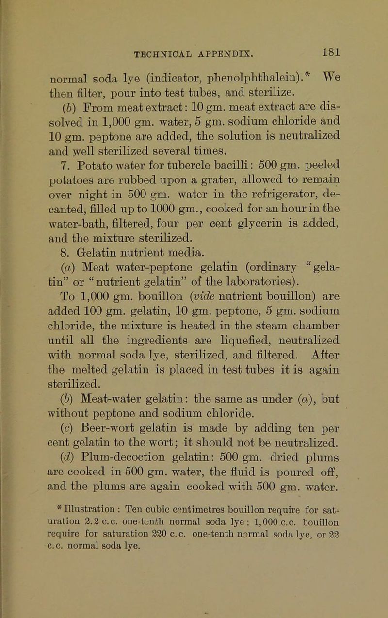 normal soda lye (indicator, plienolplitlialeiu).* We tlien filter, pour into test tubes, and sterilize. {b) From meat extract; 10 gm. meat extract are dis- solved in 1,000 gm. water, 5 gm. sodium chloride and 10 gm. peptone are added, tbe solution is nentralized and well sterilized several times. 7. Potato water for tubercle bacilli: 500 gm. peeled potatoes are rubbed upon a grater, allowed to remain over nigbt in 500 gm. water in the refrigerator, de- canted, fiUed up to 1000 gm., cooked for an liour in tbe water-batb, filtered, four per cent glycerin is added, and tbe mixture sterilized. 8. Gelatin nutrient media. (a) Meat water-peptone gelatin (ordinary “gela- tin” or “nutrient gelatin” of tbe laboratories). To 1,000 gm. bouillon {vide nutrient bouillon) are added 100 gm. gelatin, 10 gm. peptono, 5 gm. sodium cbloride, tbe mixture is beated in tbe steam cbamber until all tbe ingredients are liquefied, neutralized witb normal soda lye, sterilized, and filtered. After tbe melted gelatin is placed in test tubes it is again sterilized. (b) Meat-water gelatin: tbe same as under (a), but witbout peptone and sodium cbloride. (c) Beer-wort gelatin is made by adding ten per Cent gelatin to tbe wort; it sbould not be neutralized. (d) Plum-decoction gelatin: 500 gm. dried plums are cooked in 500 gm. water, tbe fluid is poured off, and tbe plums are again cooked witb 500 gm. water. * Illustration : Ten cubic centimetres bouillon require for Sat- uration 2.2 c.c. one-tcntli normal soda lye; 1,000 c.c. bouillon require for Saturation 220 c.c. one-tenth normal soda lye, or 22 c. c. normal soda lye.