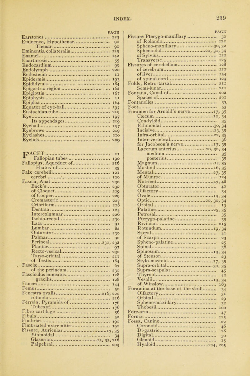 PAGE Earstones 223 Eminence, Hypothenar ... 90 Thenar 90 Eminentia collaterals 125 Enamel 142 Enarthrosis 55 Endocardium 99 Endolymph 220 Endosteum 11 Epidermis 193 Epididymis 184 Epigastric region ..... 162 Epiglottis 167 Epiphysis 11 Epiploa 164 Equator of eye-ball 197 Eustachian tube 219 Eye 197 Its appendages 209 Eyeball 197 Eyebrows 209 Eyelashes 210 Eyelids 209 PACET n Fallopian tubes 190 Fallopius, Aqueduct of. 216 Hiatus of 35 Falx cerebelli 121 cerebri ; 120 Fascia, Anal 230 Buck’s 230 of Cloquet 229 of Cooper 229 Cremasteric * 227 Cribriform 228 Dentata 125 Intercolumnar 226 Ischio-rectal 230 Lata 91 Lumbar 82 Obturator 230 Palmar 90 Perineal 230, 232 Plantar 97 Recto-vesical 230 Tarso-orbital 211 of Testis 184 Fasciae. 67 of the perineum 230 Fasciculus cuneatus 128 gracilis 128 Fauces 144 Femur 50 Fenestra ovalis 216, 220 rotunda 216 Ferrein, Pyramids of 176 Tubes of 176 Fibro-cartilage 56 Fibula 52 Fimbriae 190 F'imbriated extremities 190 Fissure, Auricular 17, 35 Ethmoidal 34 Glaserian 15, 35, 216 Palpebral 209 PAGE Fissure Pterygo-maxillary 32 of Rolando 122 Spheno-maxillary 30, 32 Sphenoidal 20, 30, 34 of Sylvius 122 Transverse 125 Fissures of cerebellum 128 of cerebrum 122 of liver 154 of spinal cord 129 Folds, Retro-tarsal 211 Semi-lunar 211 Fontana, Canal of 202 Spaces of 201 Fontanelles 33. Foot 53 Foramen for Arnold’s nerve 17, 35 Caecum 12, 34 Condyloid 35 Ethmoidal 30, 34 Incisive 23, 35 Infra-orbital 22, 35 Inter-vertebral 36 for Jacobson’s nerve 17, 35 Lacerum anterius 20, 30, 34 medium 35 posterius 35 Magnum 14, 35 Mastoid 16, 35 Mental 27, 35 of Munroe 124 Nutrient 47, 48 Obturator 42 Olfactory 34 Ovale 19, 34 Optic 20, 30, 34 Orbital 19 Palatine 25, 35 Petrosal 35 Pterygo-palatine 35 Rivinian 215 Rotundum 19, 34 Sacral 41 of Scarpa 23 Spheno-palatine 25 Spinal 36 Spinosum 19, 34 of Stenson 23 Stylo-mastoid 17, 35 Supra-orbital 30, 35 Supra-scapular 45 Thyroid 42 Vesalii 19, 34 of Winslow 163 Foramina at the base of the skull 34 Olfactory 31 Orbital 29 Spheno-maxillary 32 Thebesii 100 Fore-arm 47 Fornix 125 Fossa, Canine 22 Coronoid 46 Di-gastric 28 Digital 50 Glenoid 15 Hyaloid. 204, 205