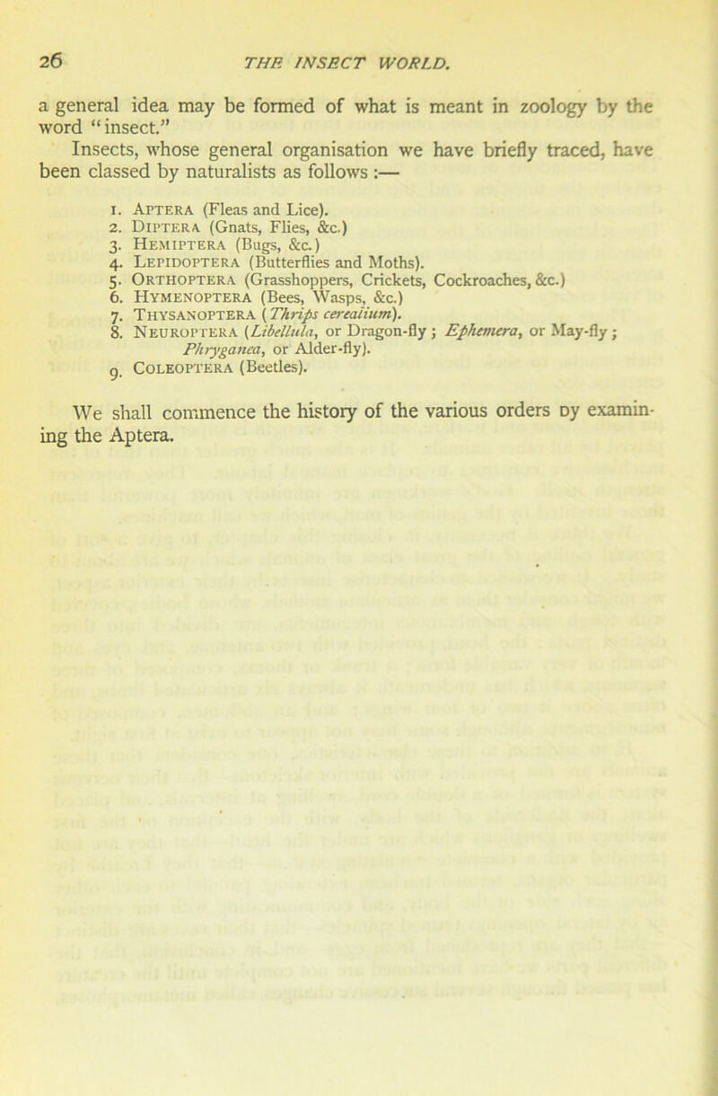 a general idea may be formed of what is meant in zoology by the word “insect.” Insects, wliose general organisation we hâve briefly traced, hâve been classed by naturalists as follows :— 1. Aptera (Fleas and Lice). 2. Diptera (Gnats, Flies, &c.) 3. Hemiptera (Bugs, &c.) 4. Lepidoptera (Butterflies and Moths). 5. Orthoptera (Grasshoppers, Crickets, Cockroaches, &c.) 6. Hymenoptera (Bees, Wasps, &c.) 7. THYSANOPTERA ( Thrips cereaiium). 8. Neuroptera {Libellula, or Dragon-fly ; Ephemera, orMay-fly; Phrygaitca, or Alder-fly). g, Coleoptera (Beetles). We shall commence the history of the various orders oy examin- ing the Aptera.