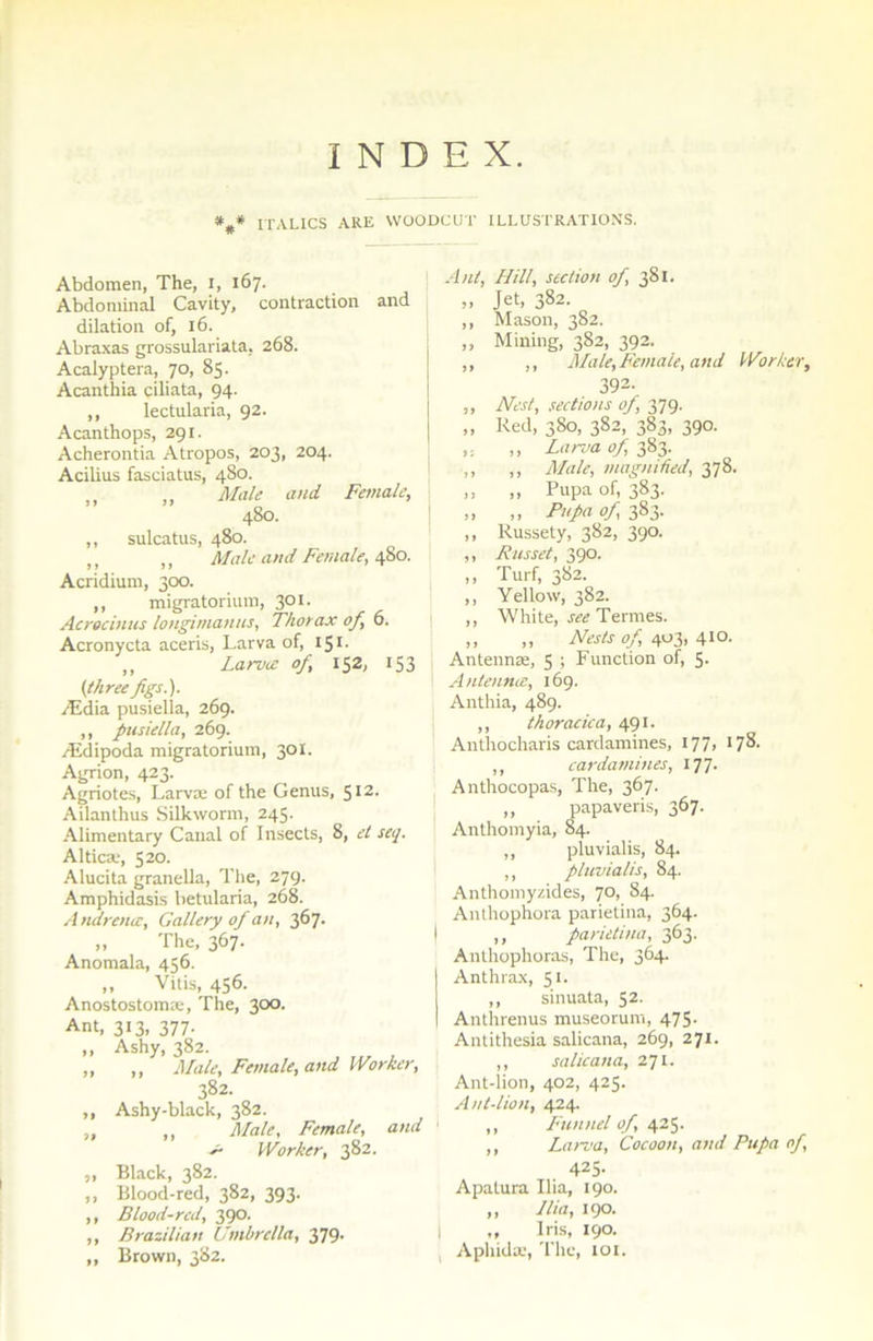 INDEX. ### ITALICS AllE WOODCUT ILLUSTRATIONS. Abdomen, The, i, 167. Abdominal Cavity, contraction and dilation of, 16. Abraxas grossulariata, 268. Acalyptera, 70, 85. Acanthia ciliata, 94. ,, lectularia, 92. Acanthops, 291. Acherontia Atropos, 203, 204. Acilius fasciatus, 480. Male and Female, 480. ,, sulcatus, 480. ,, ,, Male and Female, 480. Acridium, 300. ,, migratorium, 301. Acrocinus longimanus, Thorax of 6. Acronycta aceris, Larva of, 15r- ,, Larvœ of 152, 153 (three figs.). Ædia pusiella, 269. ,, pusiella, 269. Ædipoda migratorium, 301. Agrion, 423. Agriotes, Larvœ of the Genus, 512- Ailanthus Silkworm, 245. Alimentary Canal of Insects, 8, et seq. Alticæ, 520. Alucita granella, The, 279. Amphidasis betularia, 268. Andrence, Gallery of an, 367. „ The, 367. Anomala, 456. „ Vitis, 456. Anostostomæ, The, 300. Ant, 313, 377. ,, Ashy, 382. „ ,, Male, Female, and Worker, 382. ,, Ashy-black, 382. „ ,, Male, Female, and ' s- Worker, 382. ,, Black, 382. „ Blood-red, 382, 393. ,, Blood-red, 390. ,, Brazilian Umbrclla, 379- ,, Brown, 382. Ant, Ht II, section of, 381. „ Jet, 382. ,, Mason, 382. „ Mining, 382, 392. ,, ,, Male, Female, and Worker, 392. ,, Nest, sections of, 379. „ Red, 380, 382, 383, 390. ,, La rua of 383. ,, ,, Male, magnihed, 378. ,, „ Pupaof, 383. ,, ,, Papa of 383. ,, Russety, 382, 390. ,, Russet, 390. ,, Turf, 382. ,, Yellow, 382. ,, White, see Termes. ,, ,, Nests of 403, 410. Antennæ, 5 ; Function of, S- A ntennœ, 169. Anthia, 489. ,, thoracica, 491. Anthocharis cardamines, 177» *78- ,, cardamines, 177. Anthocopas, The, 367. „ papaveris, 367. Anthomyia, 84. ,, pluvialis, 84. ,, pluvialis, 84. Anthomy/.ides, 70, 84. Anthophora parietina, 364. ,, parietina, 363. Anthophoras, The, 364. Anthrax, 51. ,, sinuata, 52. Anthrenus museorum, 475- Antithesia salicana, 269, 271. ,, salicana, 271. Ant-lion, 402, 425. A ut-lion, 424. ,, Funnel of 425. ,, Larva, Cocoon, and Pupa of, 425- Apatura Ilia, 190. ,, Ilia, 190. ,, Iris, 190. Aphidæ, The, loi.