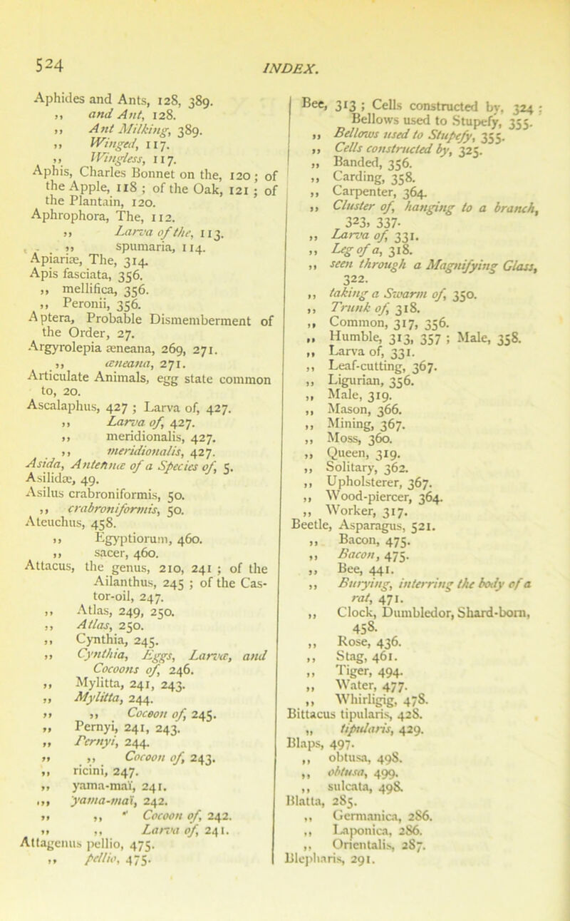 Aphides and Ants, 128, 389. ,, and Ant, 128. >> Ant Milking,, 389. ,, Winged, 117. ,, Wingless, 117. Aphis, Charles Bonnet on the, 120; of the Apple, 118 ; of the Oak, 121 ; of the Plantain, 120. Aphrophora, The, 112. ,, Larva 0/the, 113. t - » spumaria, 114. Apiariæ, The, 314. Apis fasciata, 356. ,, mellifica, 356. ,, Peronii, 356. Aptera, Probable Dismemberment of the Order, 27. Argyrolepia æneana, 269, 271. ,, æneana, 271. Articulate Animais, egg state common to, 20. Ascalaphus, 427 ; Larva of, 427. ,, Larva of, 427. ,, meridionalis, 427. ,, meridionalis, 427. Asida, Antennœ of a Species of, 5. Asilidæ, 49. Asilus crabroniformis, 50. ,, crabroniformis, 50. Ateuchus, 458. >> Egyptioruni, 460. ,, sacer, 460. Attacus, the genus, 210, 241 ; of the Ailanthus, 245 ; of the Cas- tor-oil, 247. ,, Atlas, 249, 250. ,, Atlas, 250. „ Cynthia, 245. ,, Cynthia, Eggs, Lari'tc, and Cocoons cf, 246. „ Mylitta, 241, 243. „ Mylitta, 244. >* ji Cocoon of, 245. 9> Pemyi, 241, 243. „ rcrnyi, 244. 99 ,, Cocoon of, 243. ,, ricini, 247. „ yama-maï, 241. ,,, 'yama-maï, 242. 99 9, * Cocoon of, 242. 99 9, Larva of 241. Attagenus pellio, 475. ,9 pellio, 475. ®ee9 3r3 ; Cells constructed bv, 324 : Bellows used to .Stupefy, 355. ,, Bellows nsed to Stupefy, 355. „ Cells constructed by, 325. „ Banded, 356. „ Carding, 358. ,, Carpenter, 364. ,, Cluster of, hanging to a branch, 323. 337- „ Larva of, 331, .9 Leg of a, 318. ,, seen through a Magnifying Glass, 322. ,, taking a Swami of, 350. ,, Trunk of 318. ,, Common, 317, 356. „ Humble, 313, 357 ; Male, 358. ,, Larva of, 331. ,, Leaf-cutting, 367. „ Ligurian, 356. „ Male, 319. ,, Mason, 366. „ Mining, 367. ,, Moss, 360. „ Queen, 319. ,, Solitary, 362. ,, Upholsterer, 367. ,, Wood-piercer, 364. „ Worker, 317. Beetle, Asparagus, 521. ,, Bacon, 475. „ Bacon, 475. „ Bee, 441. ,, Burying, interring the bculy of a rat, 471. ,, Clock, Dumbledor, Shard-bom, 45S. ,, Rose, 436. ,, Stag, 461. 99 Tiger, 494- „ Water, 477. ,, Whirligig, 478. Bittacus tipularis, 428. „ tipularis, 429. B laps, 497. ,, obtusa, 49S. ,, obtusa, 499. ,, sulcata, 49S. Blatta, 285. ,, Germanica, 286. ,, Laponica, 286. ,, Orientais, 287. Blepharis, 291.